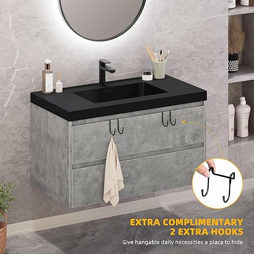 Miniatura 6 de DWVO Tocador flotante de 36 pulgadas montado en la pared con lavabo acrílico negro y 2 cajones de madera, lavabo de baño moderno con armario