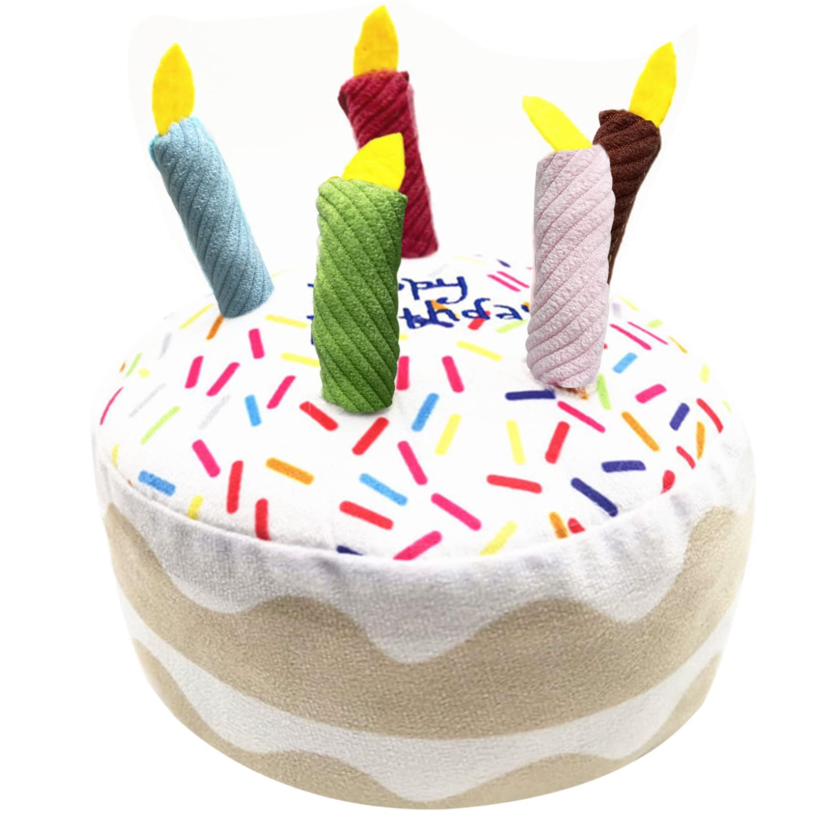 MAKINGTEC Pet Dog Birthday Cake Toy, Squeaky Soft Plush Toy with Rope Handles in Fun Happy Bright Colours Candles Durable Dog Chew & Cuddly Interactive Toys for Puppy Small to Medium Dog