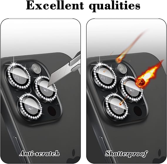 Diamond Camera Lens Protector Compatible for iPhone 12 Pro, Bling 9H Tempered Glass Camera Cover, Automatic Alignment Individual Metal Rings, Glitter Phone Lens Film Stickers