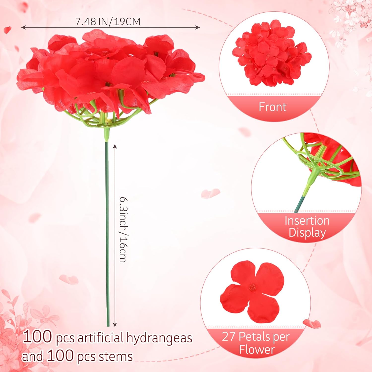 Tigeen 100 Pcs Hydrangea Artificial Flowers Bulk 7.48 Inch Artificial Hydrangeas with Removable Stems Faux Flowers Wedding Decor for Home Garden Party Decoration DIY Project (Red) - Image 2