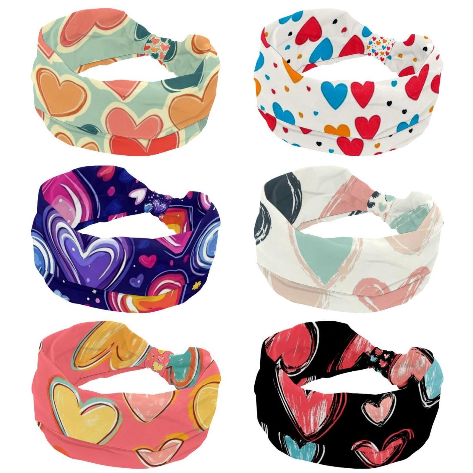 Lot de 6 bandeaux élastiques à motif cœurs abstraits pour femme - Pour yoga, entraînement - Anti-transpiration - Souple - Simple et polyvalent