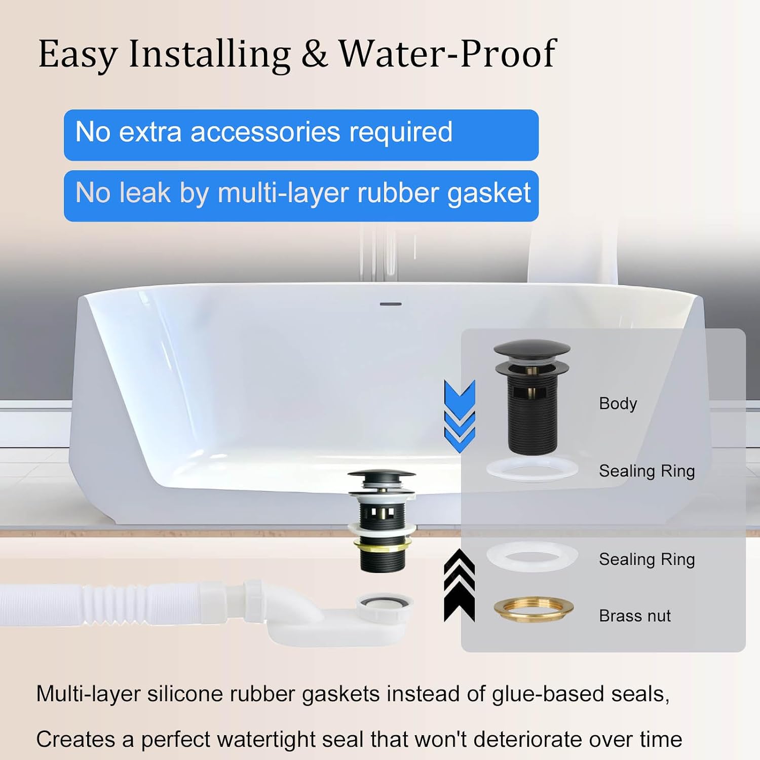 Brass Freestanding Tub Drain Kit, Pop-Up Bathtub Drain Stopper, Easy Install Click Clack Drain Replacement for Most Stand Alone Bathtubs, Leak-Proof (Mathe Black)