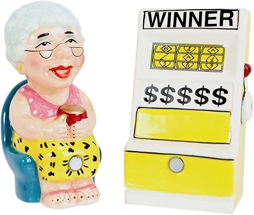 Ebros Gift Casino Jackpot Ganador Máquina Tragamonedas Y Abuela Juego Reina Salero Y Pimentero Cerámica Estatuilla Magnética Set Cocina Comedor Mesa
