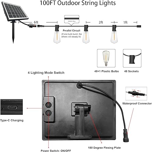 Miniatura 6 de Banord ST38 - Tira de luces solares de 100 pies para exteriores con 49 bombillas LED inastillables, luces colgantes al aire libre, luces