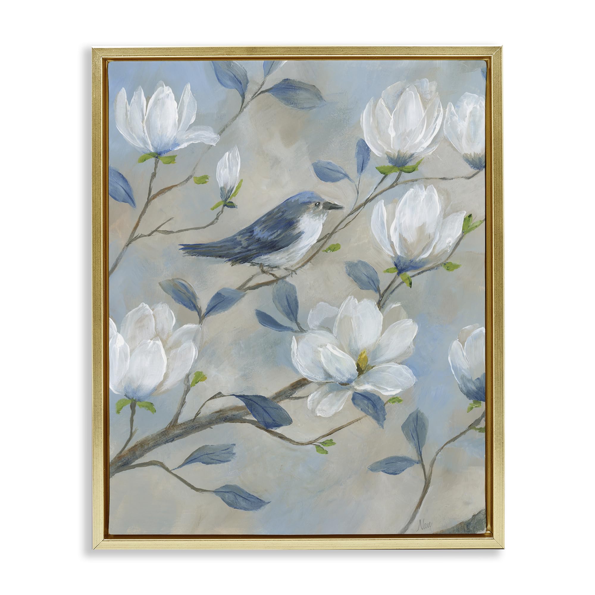 Stupell Industries Blue Bird Magnolia Blossom 'Blue Bird & Magnolia', Floating Frame Canvas Art, Gold, 25 X 31 Inches, Easy To Hang And Sturdy, Made In Usa, By Nan