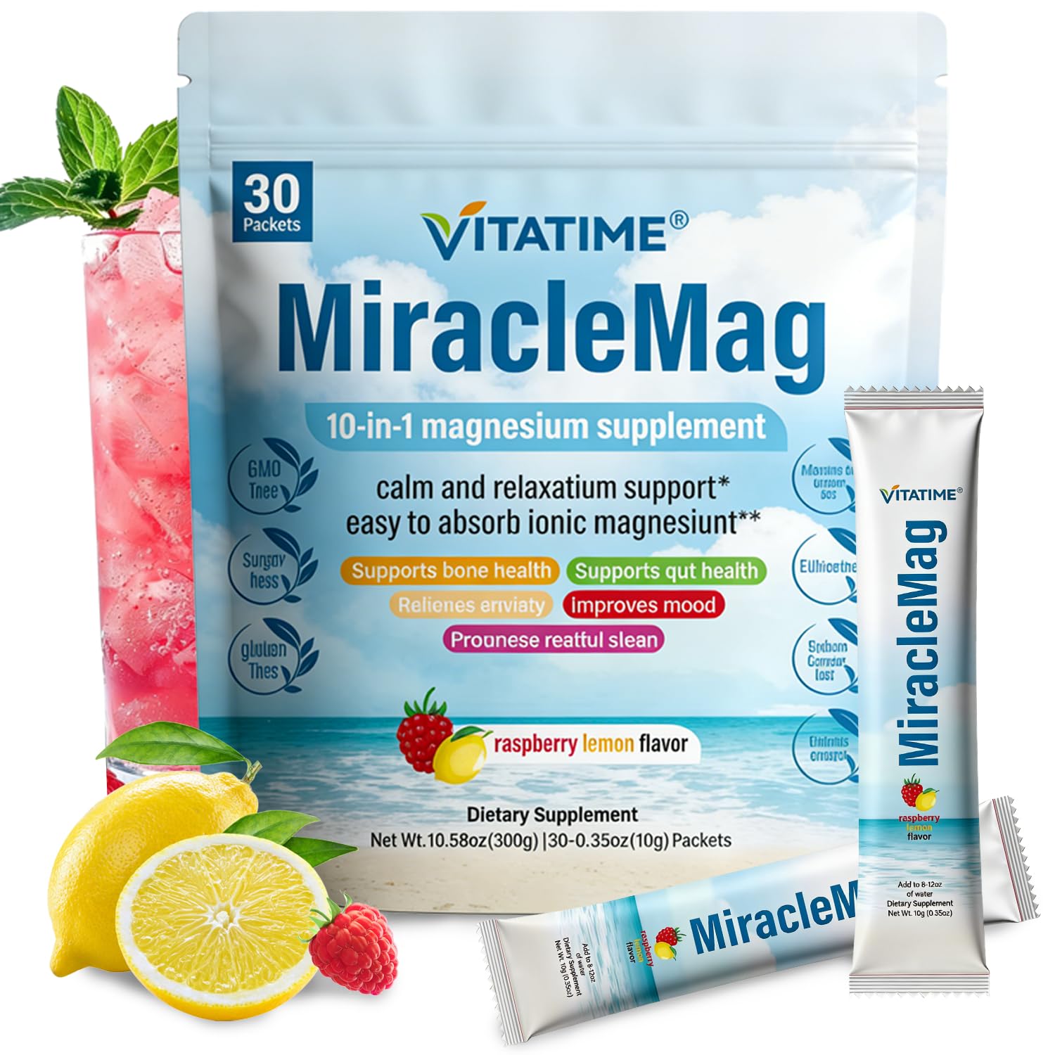 MiracleMag 10-in-1 Magnesium Supplement Powder Drink Mix, Sweet Raspberry Lemon Flavor | Stress Relief, Mood Sleep | On-The-Go Pouches, Gluten-Free & Sugar-Free | 0.3 oz Per Packet, 30 Count