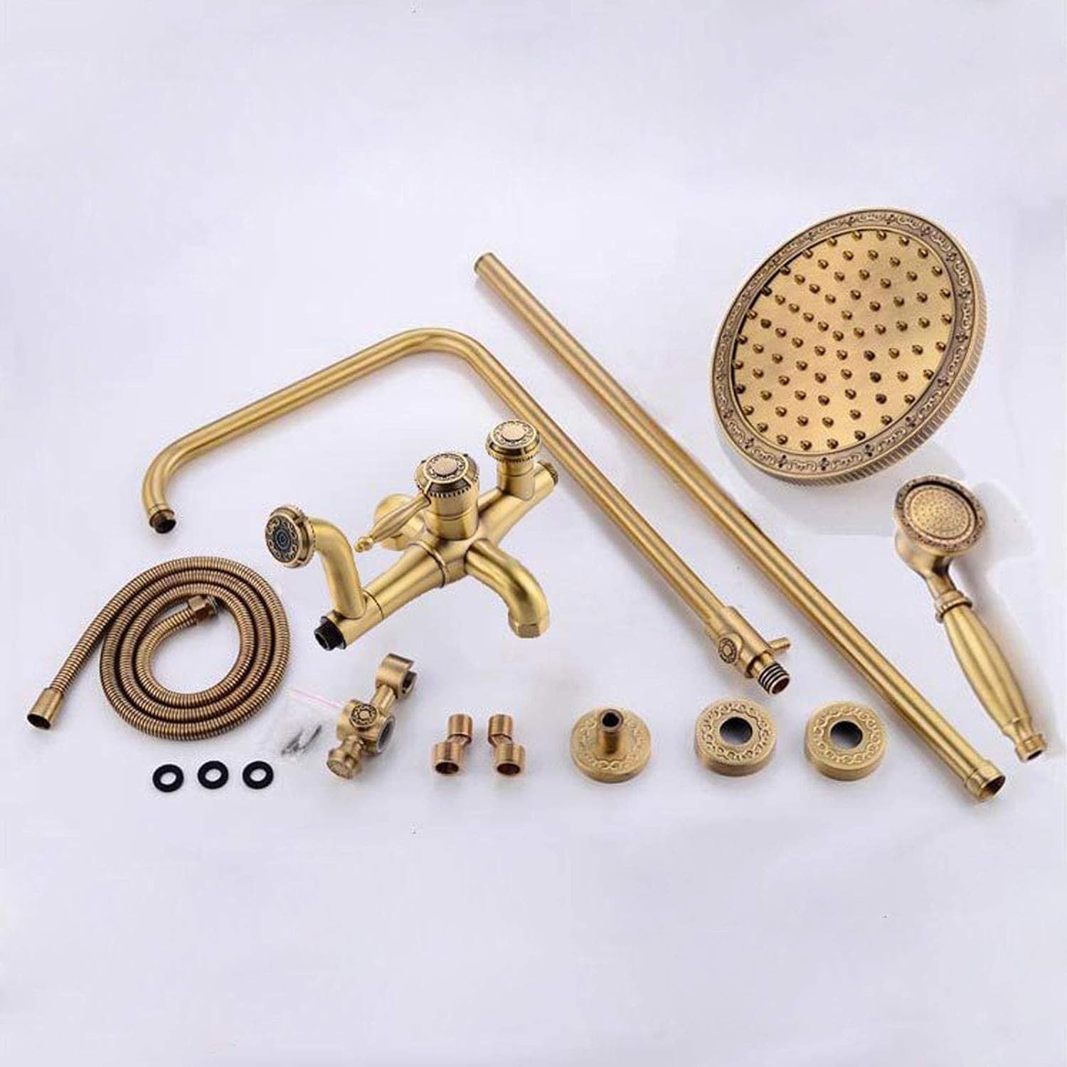 Antique Shower System Adjustable Height, Wall Mounted Shower Set Brass with Overhead Shower Head Tap, Retro Golden Shower Mixer Set for Bathroom Hotel Gym