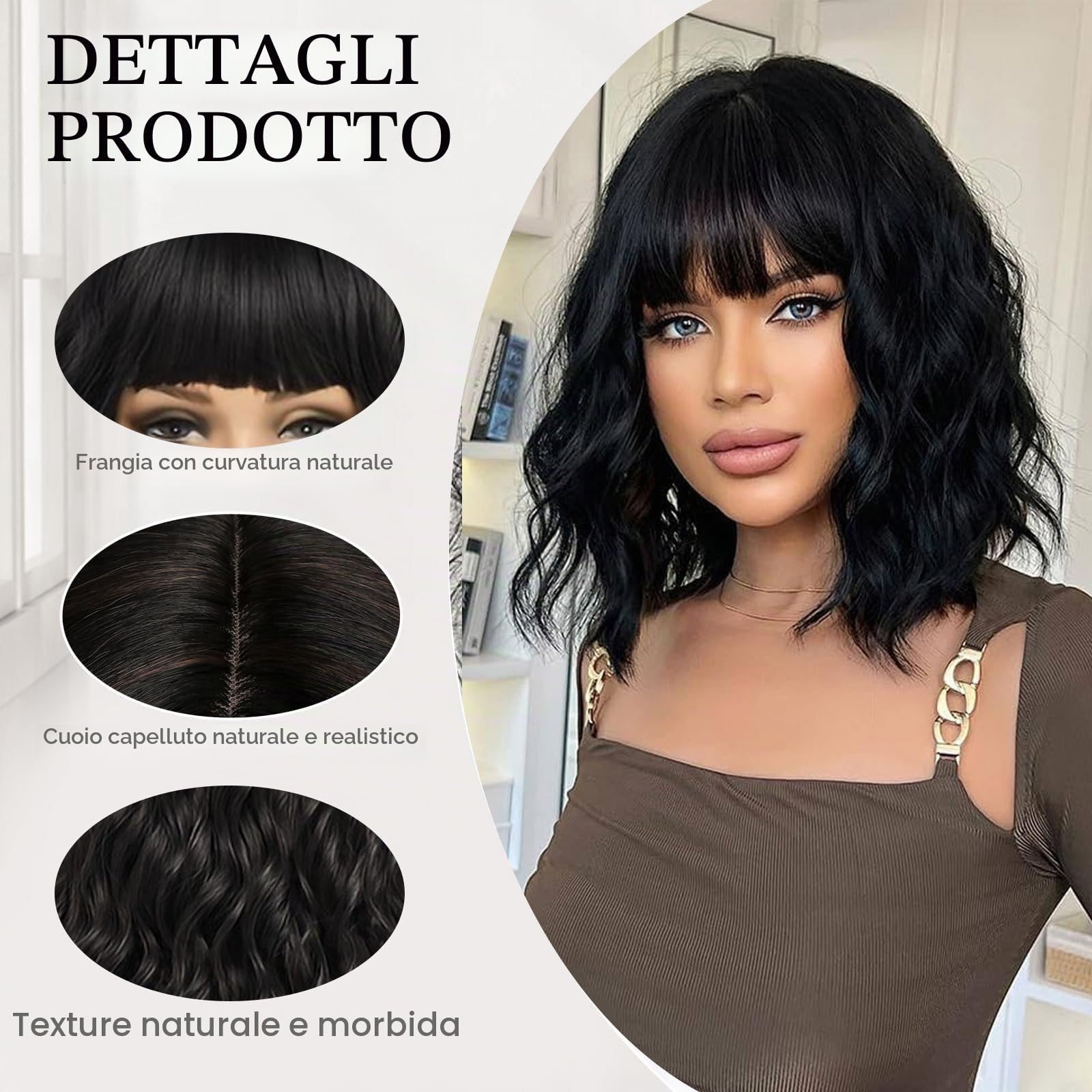Parrucca corta ondulata nera con frangia Ondulata parrucca corta bob per donne Capelli sintetici e naturali ricci per uso quotidiano, feste, carnevale, cosplay