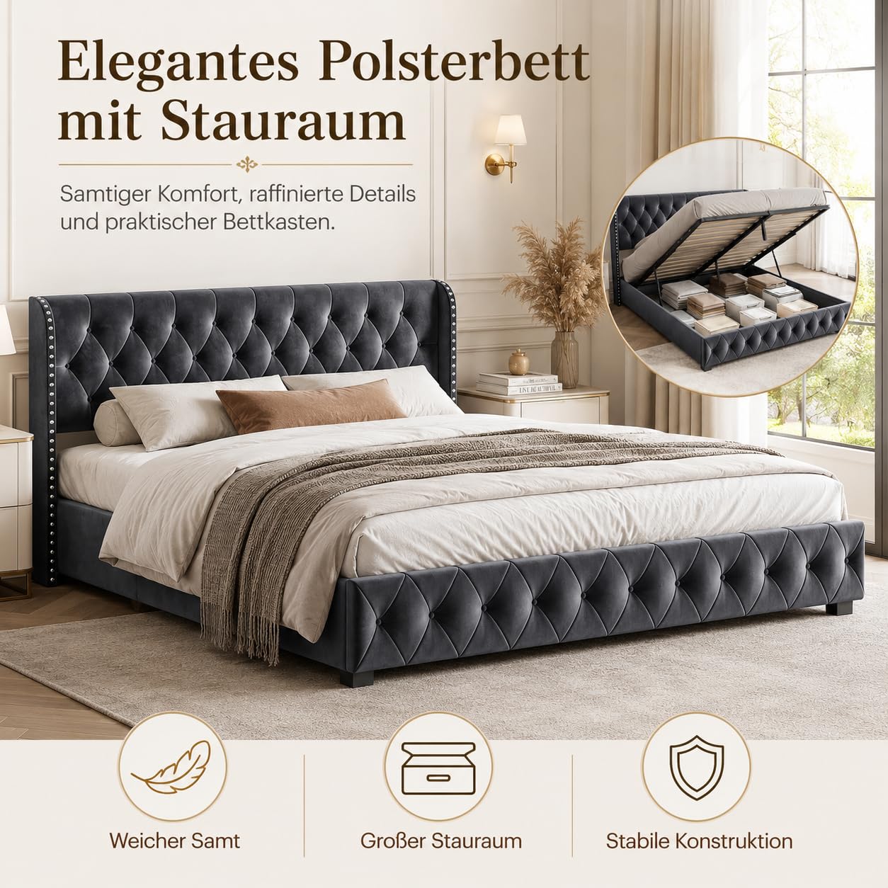 Polsterbett 140 x 200 cm, Hydraulisch Gepolstertes Doppelbett mit Stauraum, Doppelbett mit Lattenrost aus Samt, Moderner Komfort in Grau, ohne Matratze (140x200cm)