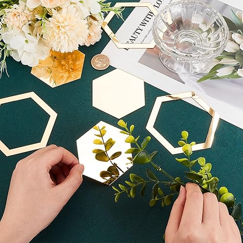 Miniatura 3 de OLYCRAFT 24 calcomanías de pared de espejo hexagonal, removibles, autoadhesivas, azulejos acrílicos, azulejos dorados, para manualidades, decoración