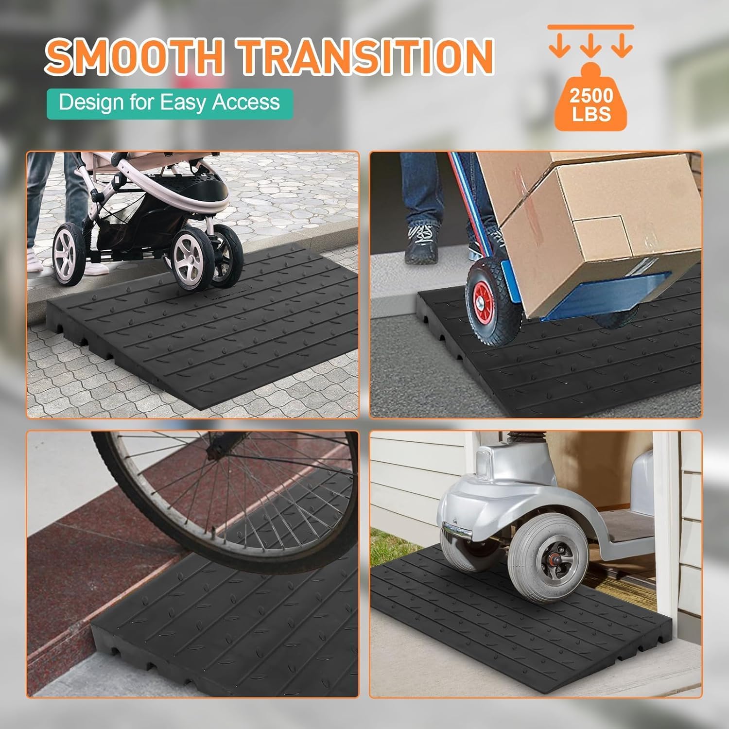 3" Rise Rubber Threshold Ramp, Heavy Duty Wheelchair Ramp for Doorways, Non-Slip Doorway Ramp with 3-Channel Cord Cover, 2500 Lbs Load Capacity for Home, Curb & Entry Use