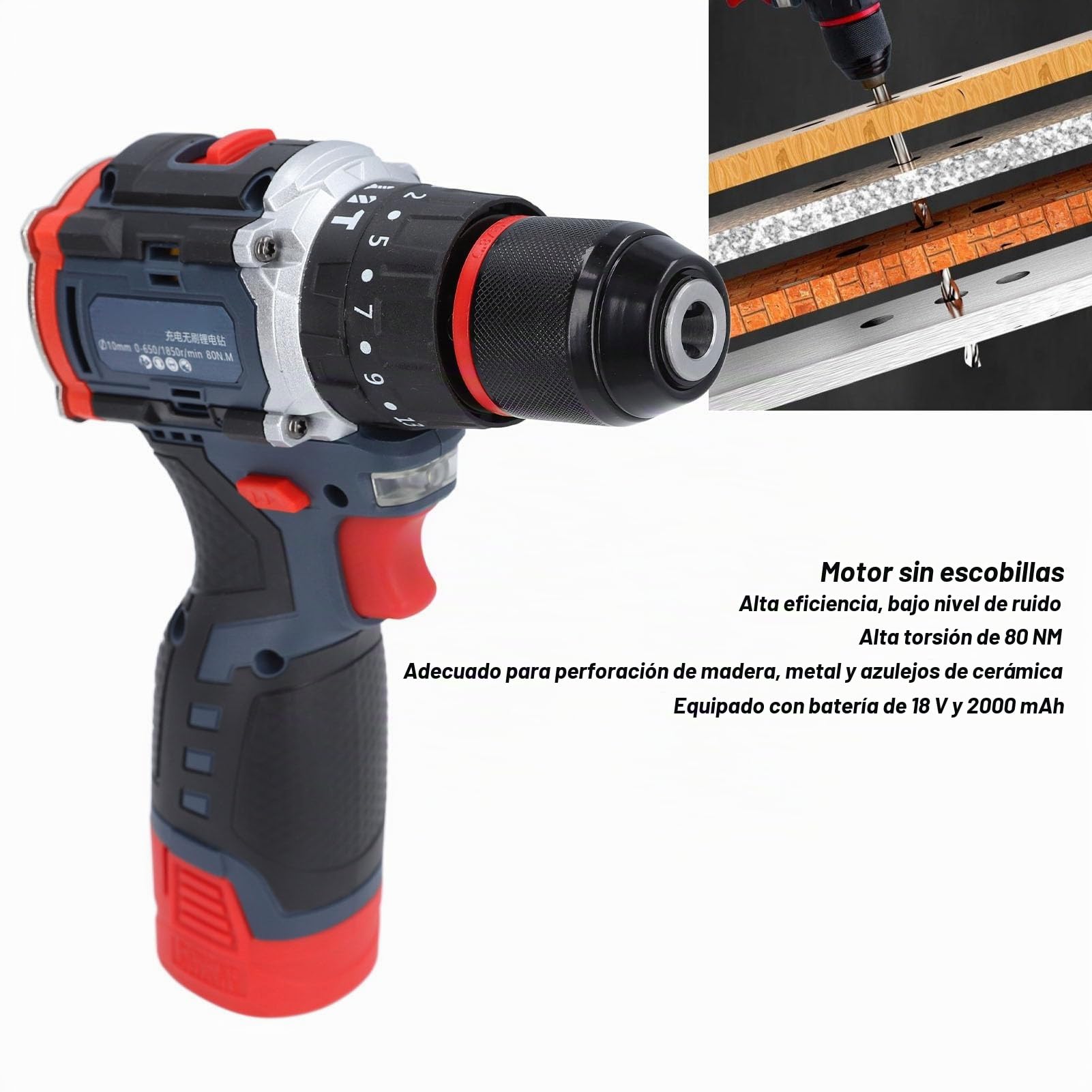 Juego de Taladro Inalámbrico, Taladro Atornillador Inalámbrico Sin Escobillas de 18 V con 2 Velocidades Variables, Torque de 80 Nm, Portabrocas de 10 Mm, Batería y Cargador