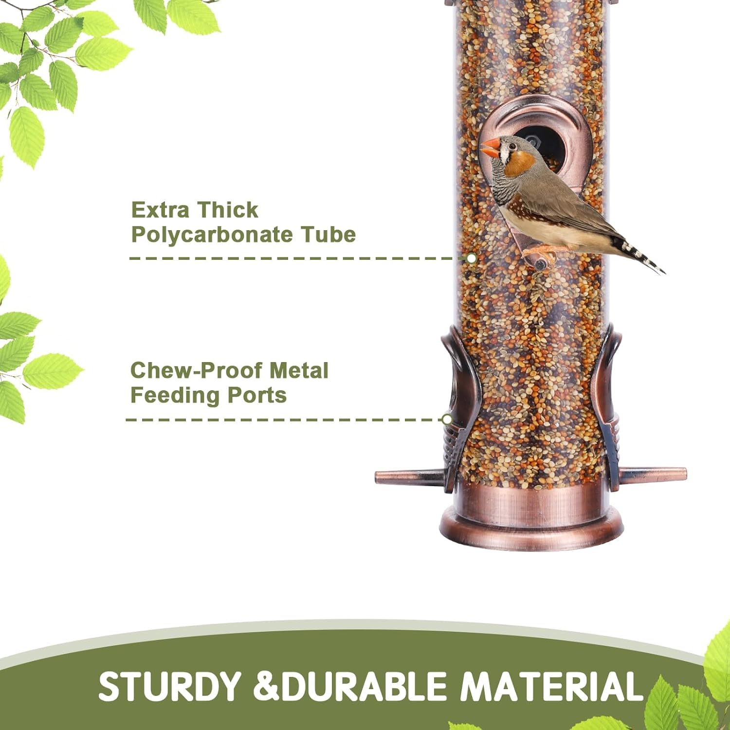 MIXXIDEA Metal Wild Bird Feeder, Squirrel Proof, Hanging 6 Port Tube Finch Feeder for Attracting Birds in Lawn, Garden, Balcony - Antique Copper - Image 5