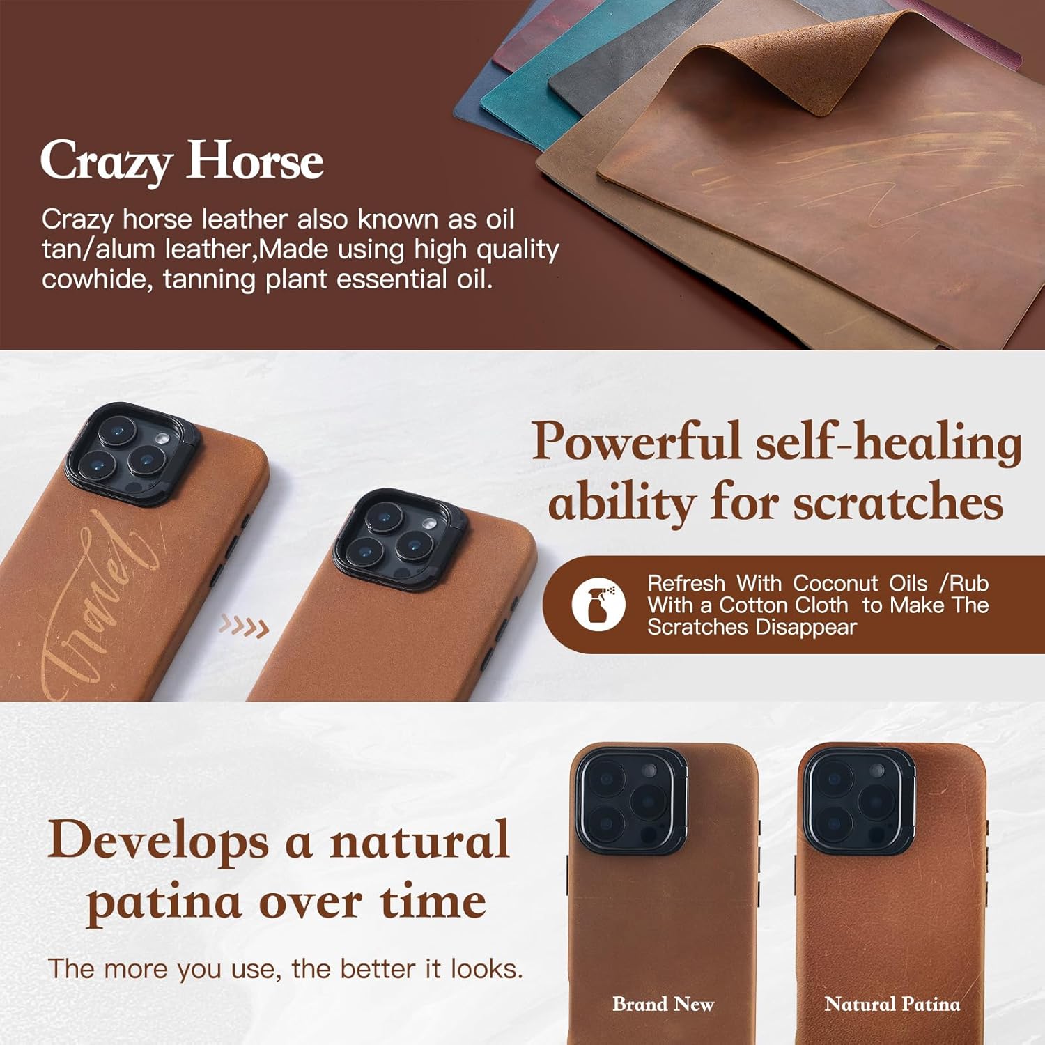 InUnion for iPhone 16 Pro Max Case Genuine Leather with MagSafe, Built-in Stash Stand Phone Case-Vintage Top Full Grain Crazy Horse Cowhide Leather Cover with Protective Soft Lining - 6.9 inch Brown - Image 4
