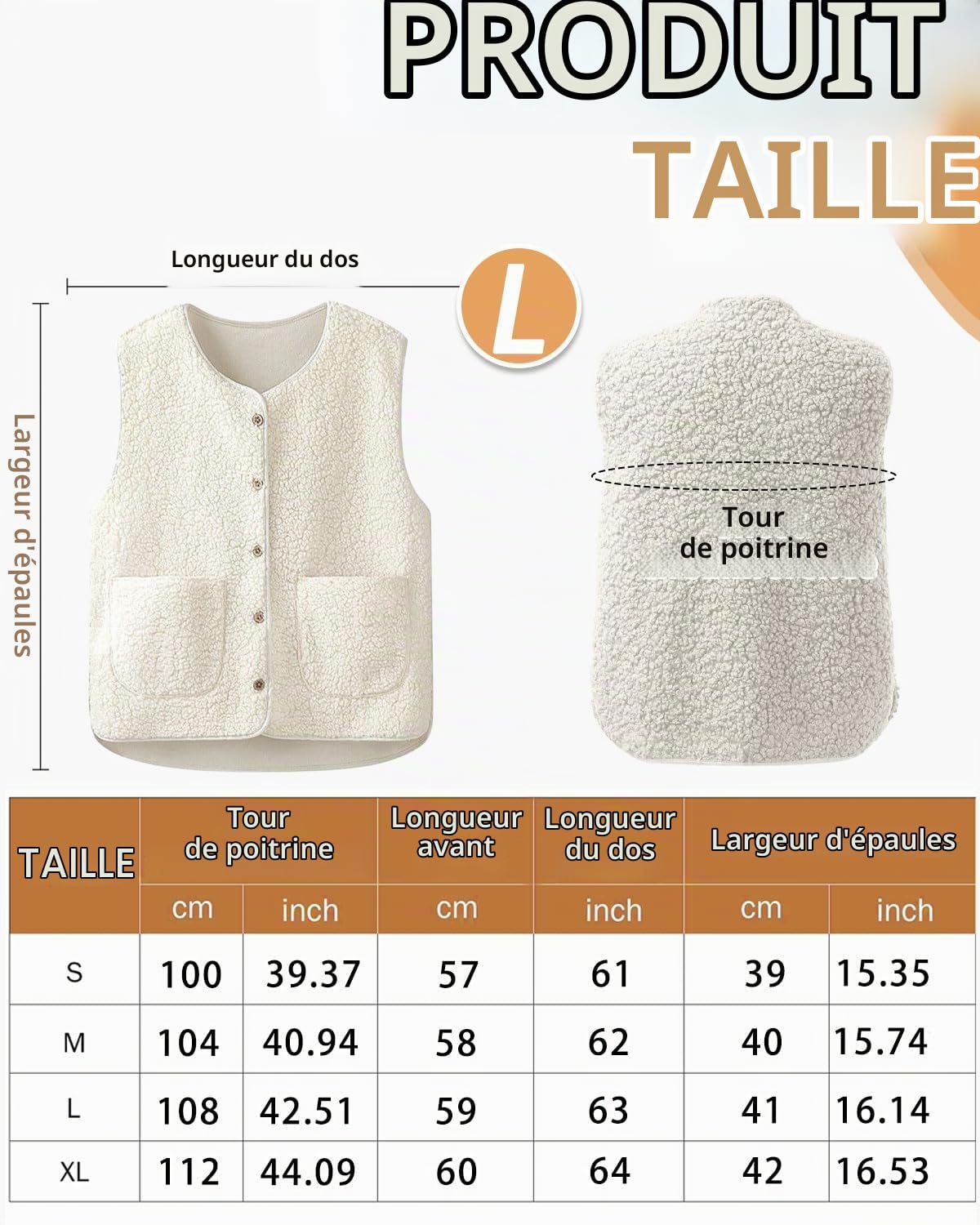 1 gilet en polaire pour femme, gilet sans manches léger et chaud pour l'automne/hiver, veste en fourrure légère pour femme, couleur unie, col en V, avec poches, blanc cassé, taille L