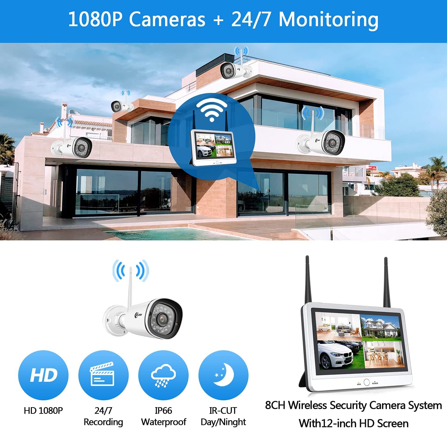 Best XVIM Wireless Security Camera System with 12-inch Monitor, 4PCS 2MP Outdoor Waterproof Security Camera, 1080P Home Surveillance NVR System with 1TB HDD, Night Vision, Remote Access, Motion Alert