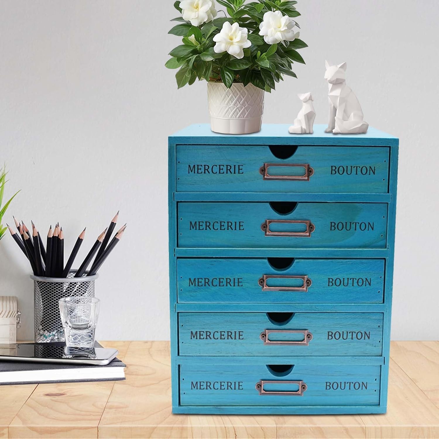 5 Drawer Apothecary Cabinet Vintage Library Card Catalog Cabinet with Label Slots Wooden Desk Organizer With Drawers Wooden Storage Box for Offices Home School (Blue)
