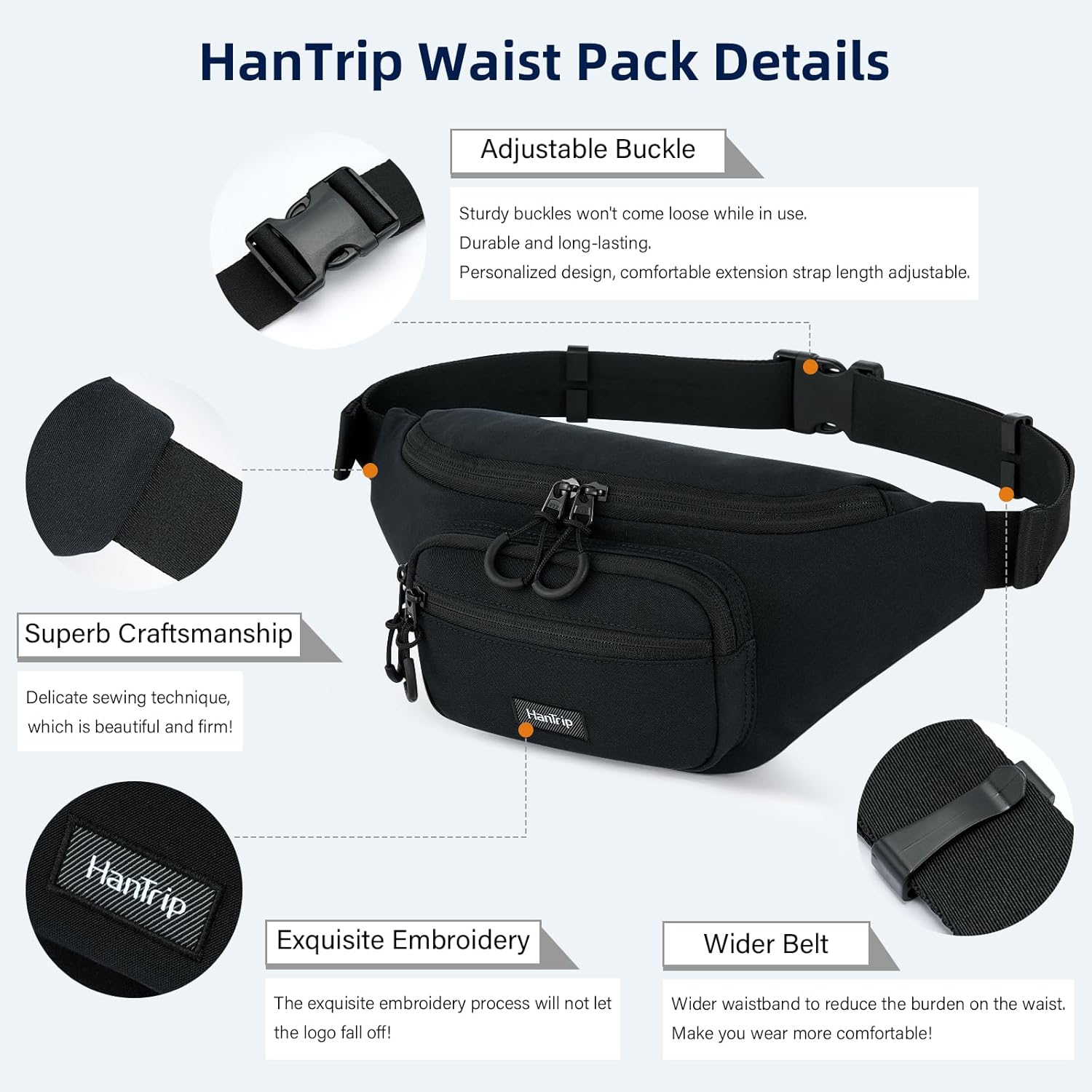 Fanny Packs for Women Men, Large Travel Fanny Pack Lightweight Crossbody Waist Bag Large Capacity, Water Resistant Belt Bags with Adjustable Strap for Hiking, Cycling (Black) - Image 5