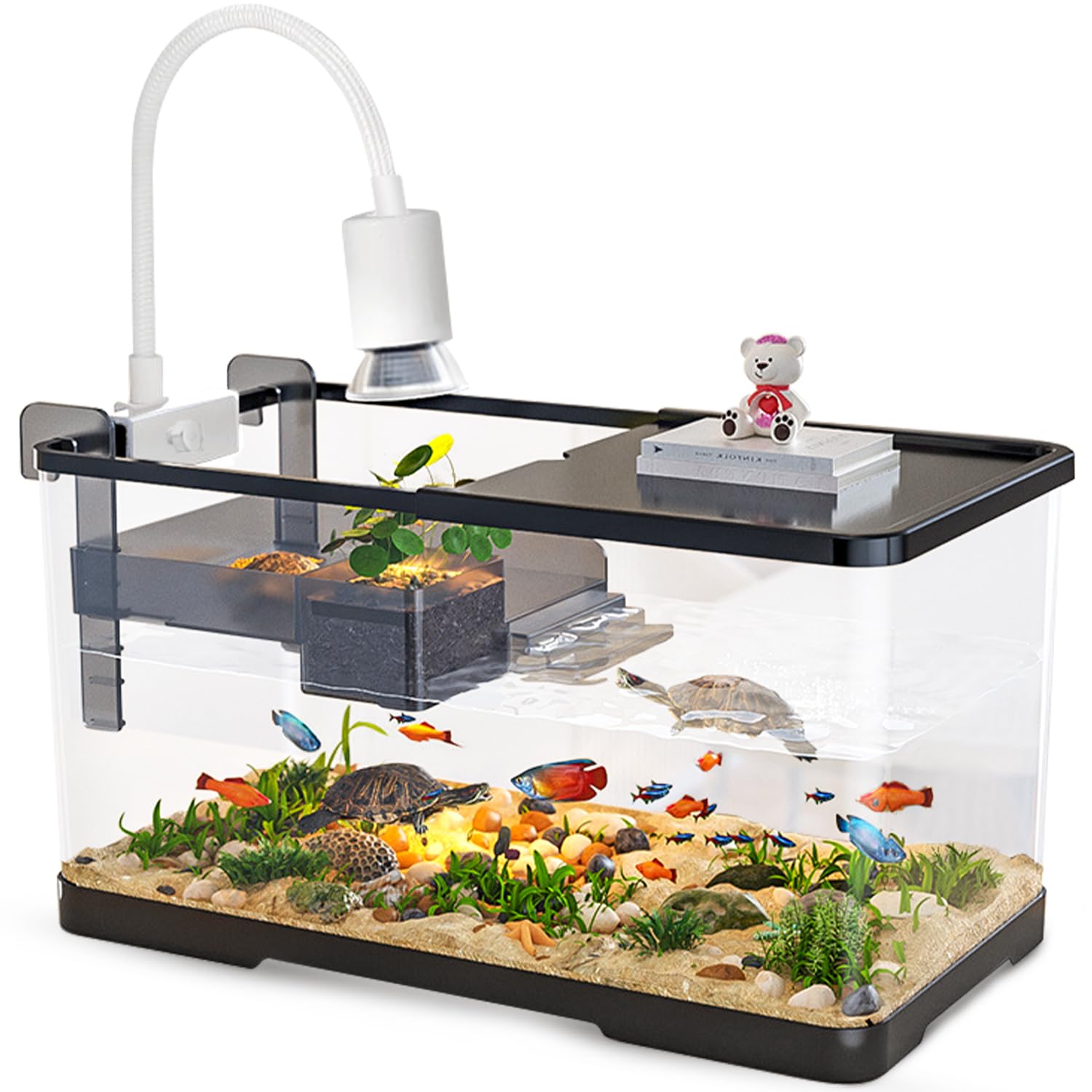 (Tank + Light + Filter + Filter Balls) Turtle Tank Kit, Turtle Tank Starter Kit,Bottom Drainage, Multi-Function Areas for Turtles, Crabs,Fishes, Amphibians,Reptiles. (15.75 x 8.64 x 8.64 Inch)