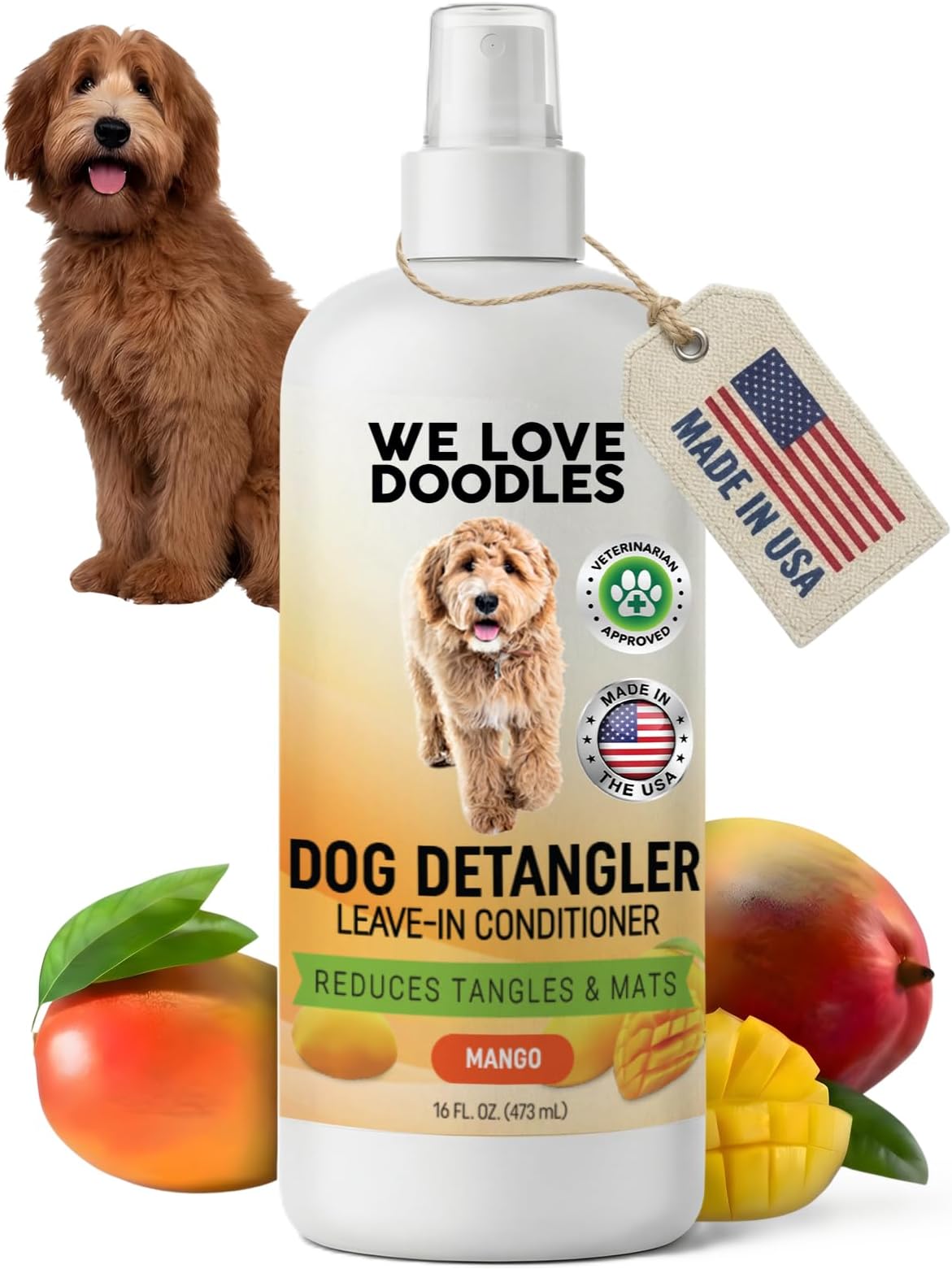 We Love Doodles Dog Detangler Spray - Leave-in Conditioner for Dogs - Dog Detangling Spray - Dematting Spray for Dogs - Tangle Remover - Made in The USA - Large 16 fl oz (Mango)