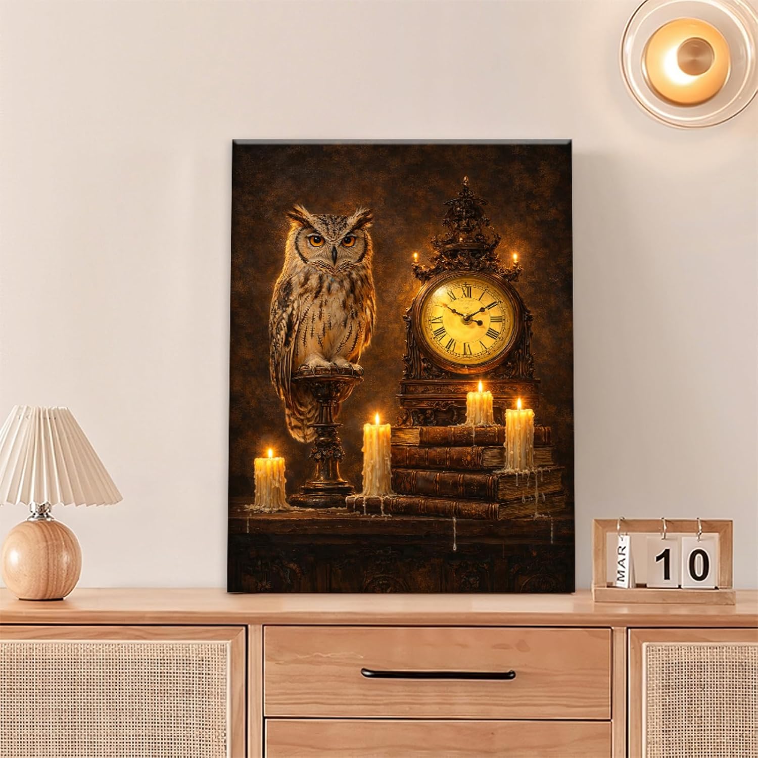 Owl Wall Art Book Wall Decor Candle Canvas Picture Owl Painting Reading Book Artwork for Library Study Bedroom Living Room 12"x16" image 2