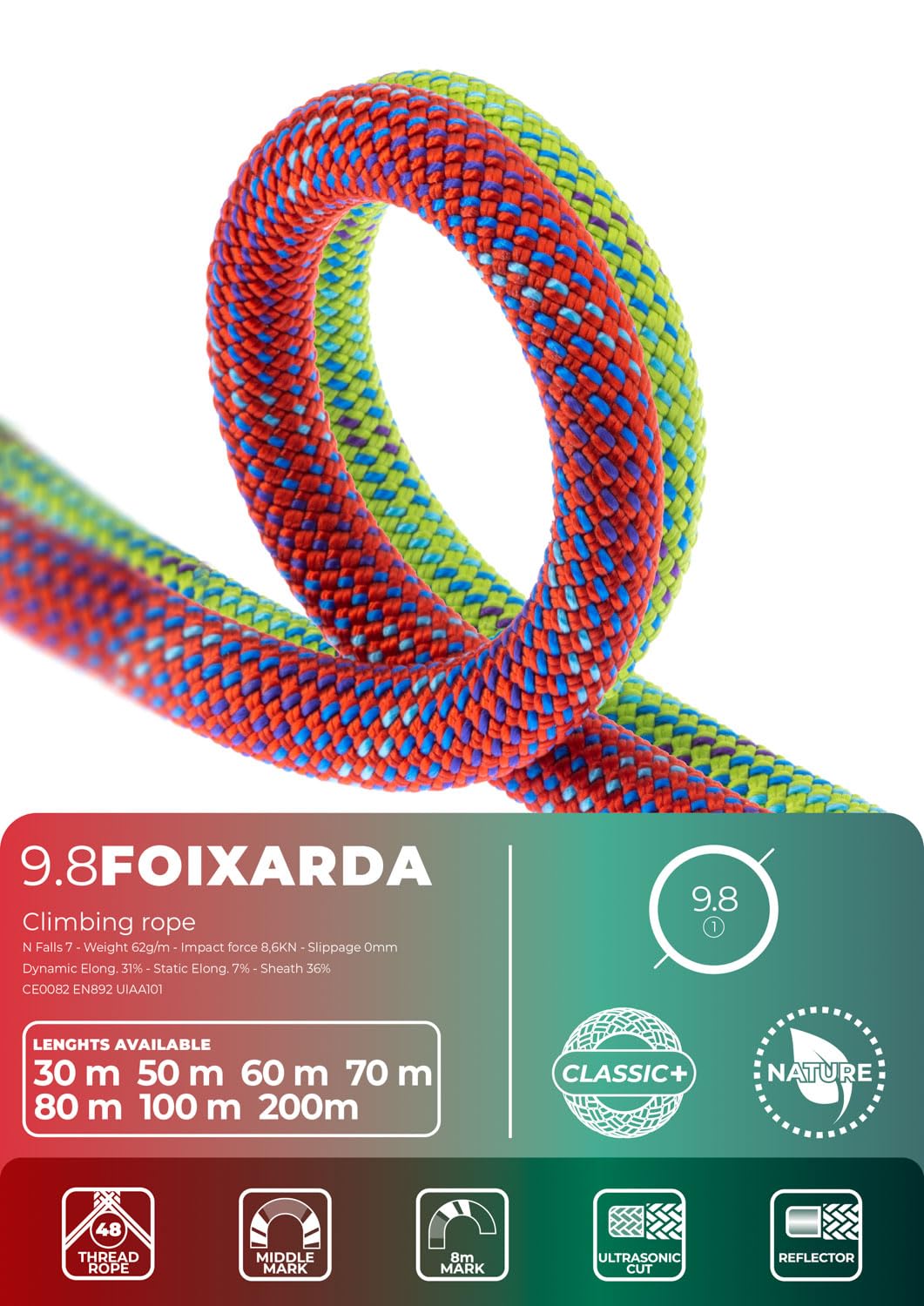 FIXE - Cuerda Escalada Foixarda 9,8 mm, Simple, Escalada Deportiva y Rocódromo, Flexible, Tratamiento Nature sin PFC, Reflectante, EN892, UIAA