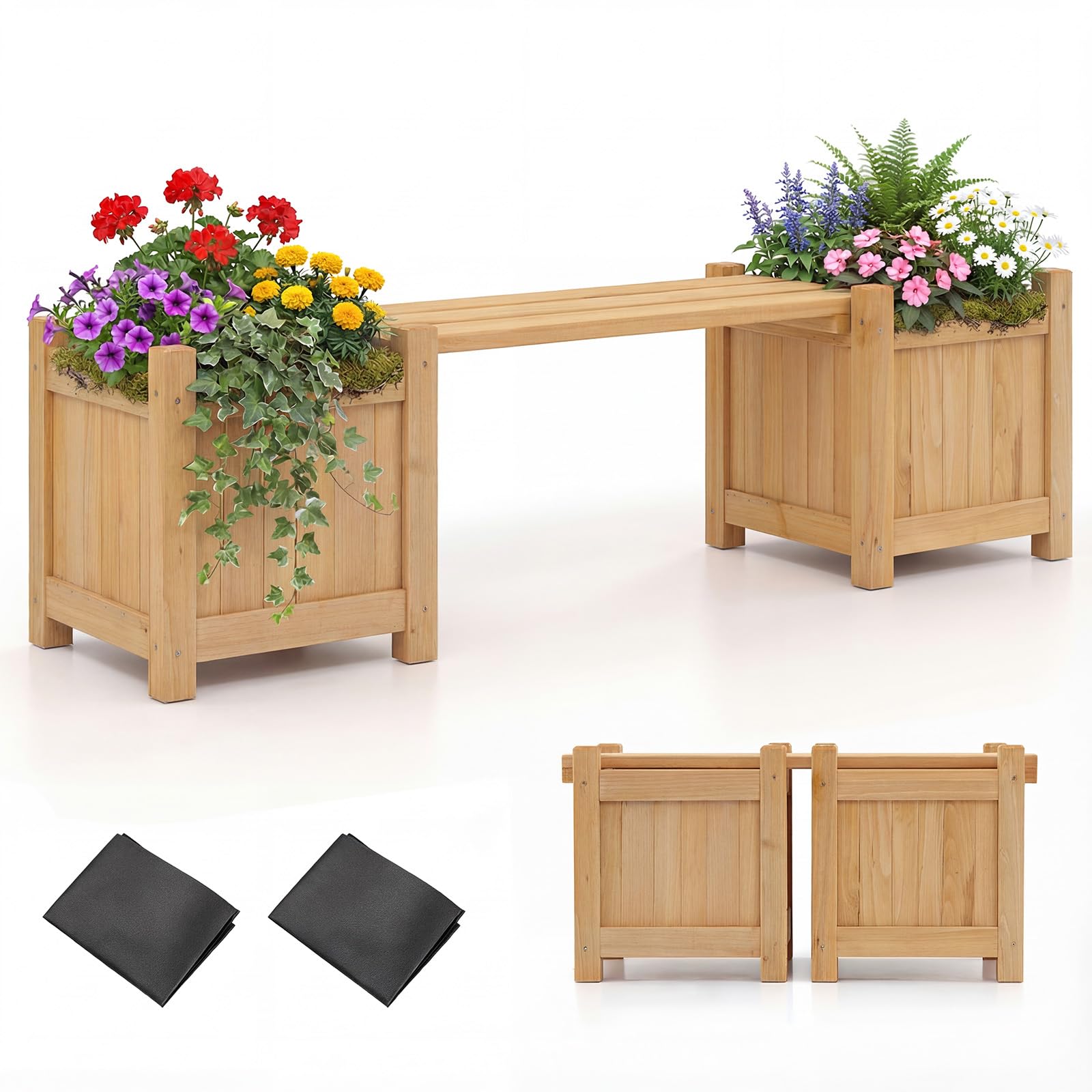 COSTWAY Fioriere da Esterno con Panchina, Letto Rialzato da Giardino in Legno Massello con e Base Aperta, Fioriere Elevate per Patio, Cortile e Veranda (Naturale, 105 x 26,5 x 29,5 cm)