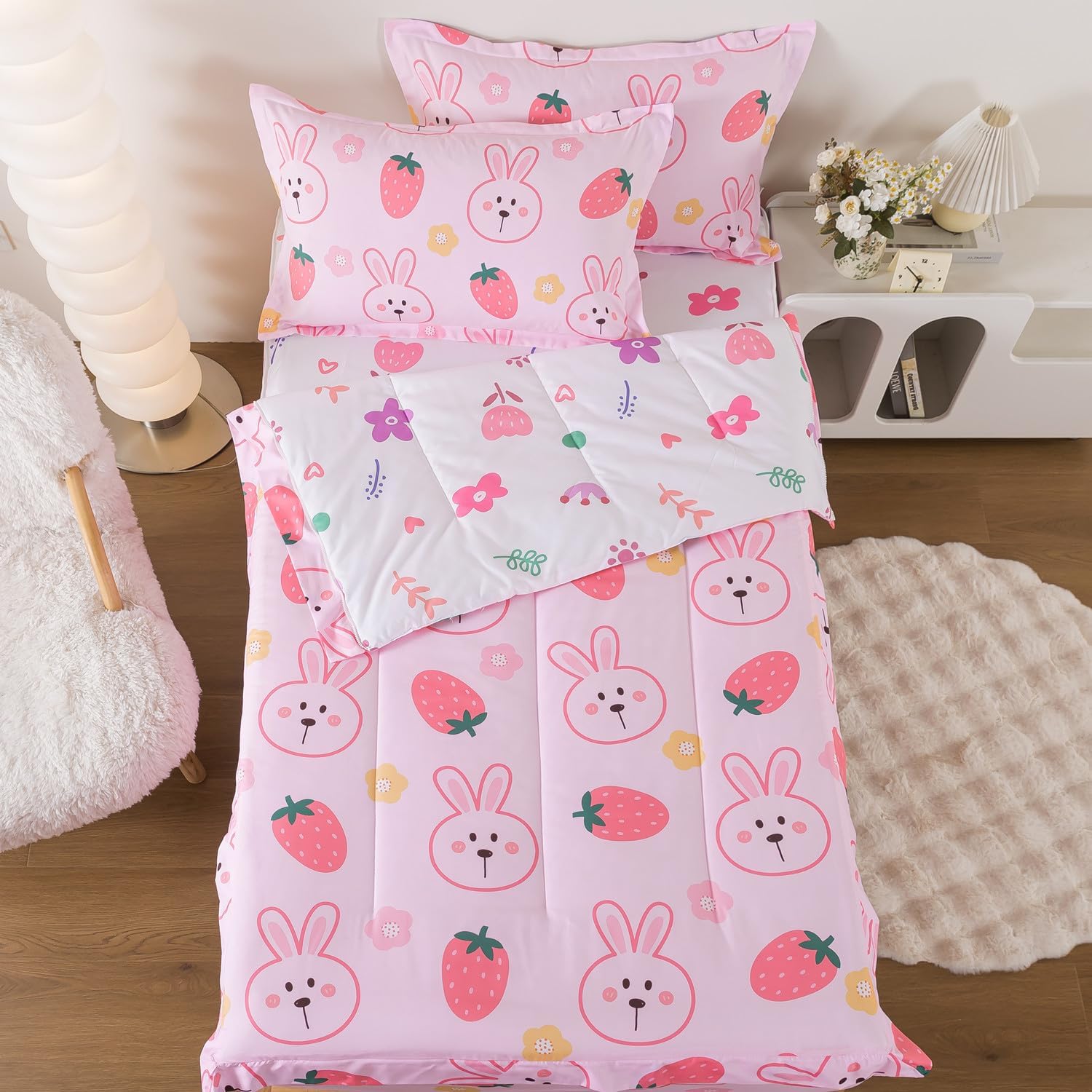 qjmiaofang Kids Zipper Bedding Twin Rabbit Comforter Set for Girls Zip Up Bedding with Sheets Strawberry All in One Zipper Bed Set Soft Microfiber Pink Bunny Bed Set with Floral Fitted Sheet Decor