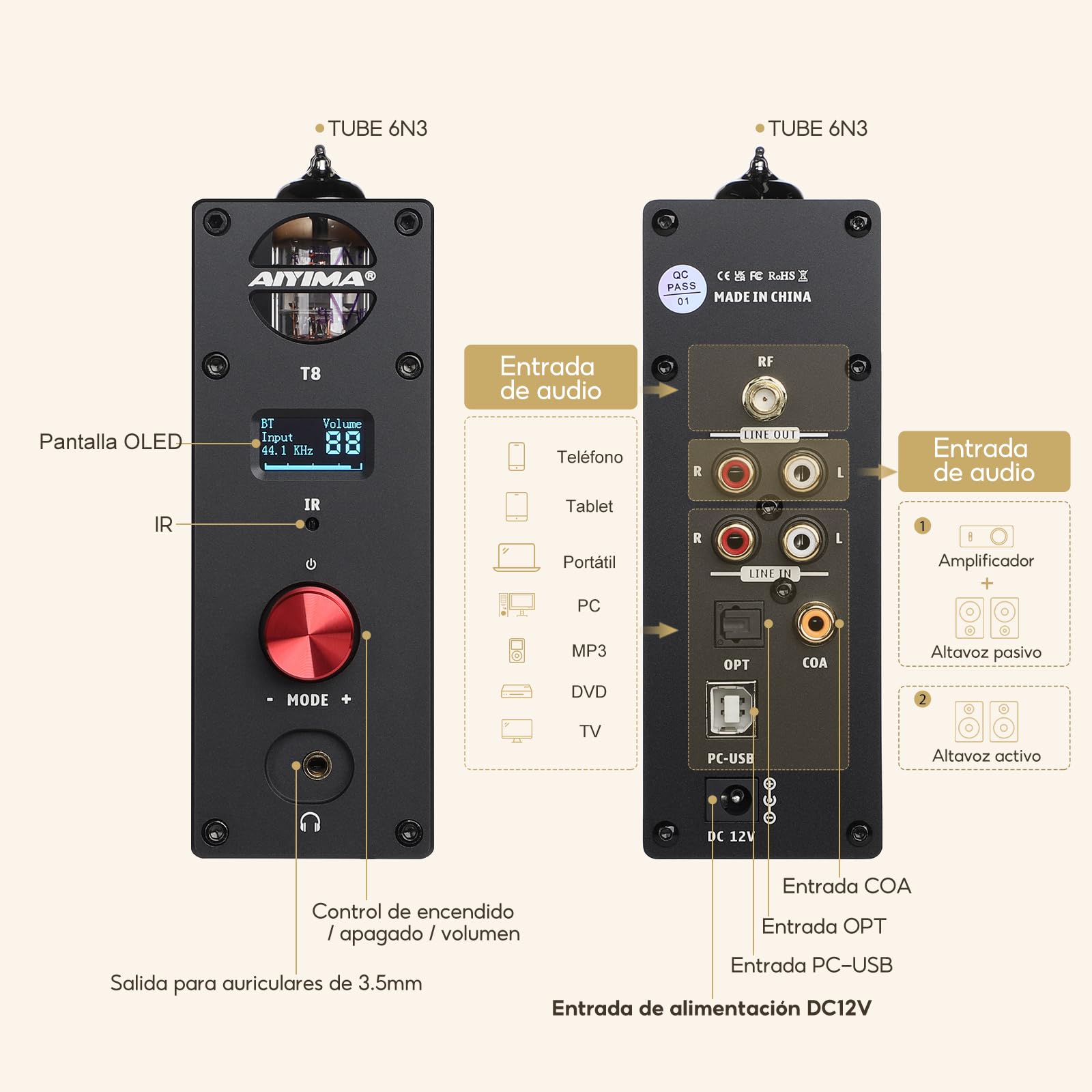 AIYIMA T8 6N3 preamplificador de tubo digital QCC3031 preamplificador Bluetooth 5.0 USB DAC amplificador de auriculares decodificador de audio estéreo óptico coaxial compatible con APTX