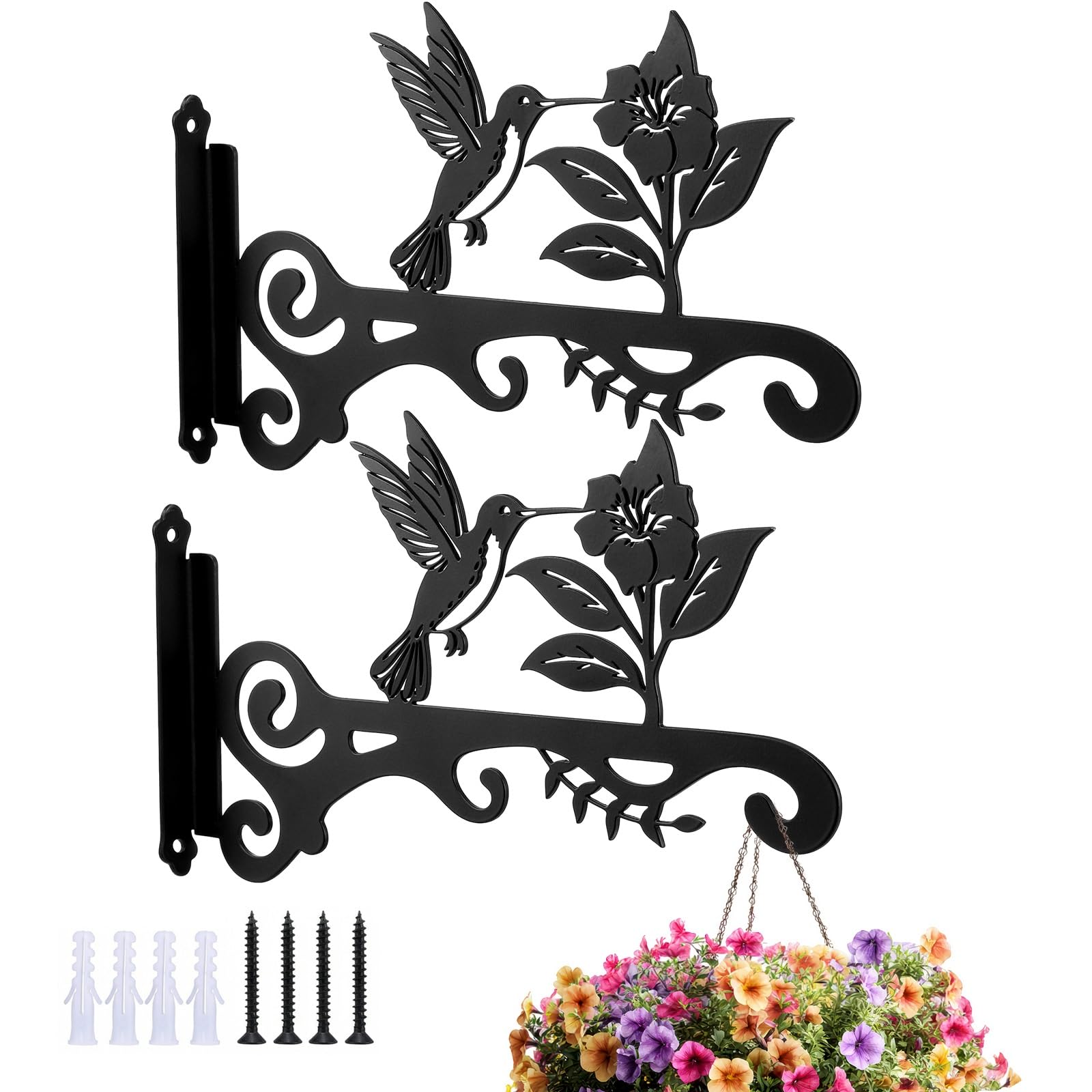 Dntorx 2 Pack Hanging Basket Brackets Outdoor, 10 in Heavy Duty Plant Brackets Wall Mounted Black Iron Plant Hanger with Screws Bird Feeder Bracket Hooks for Plants, Flower, Wind Chime, Lantern