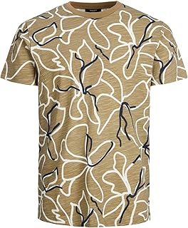 جاك اند جونز تي شيرت رجالي مطبوع بالكامل بأكمام قصيرة ورقبة دائرية بدون طوق