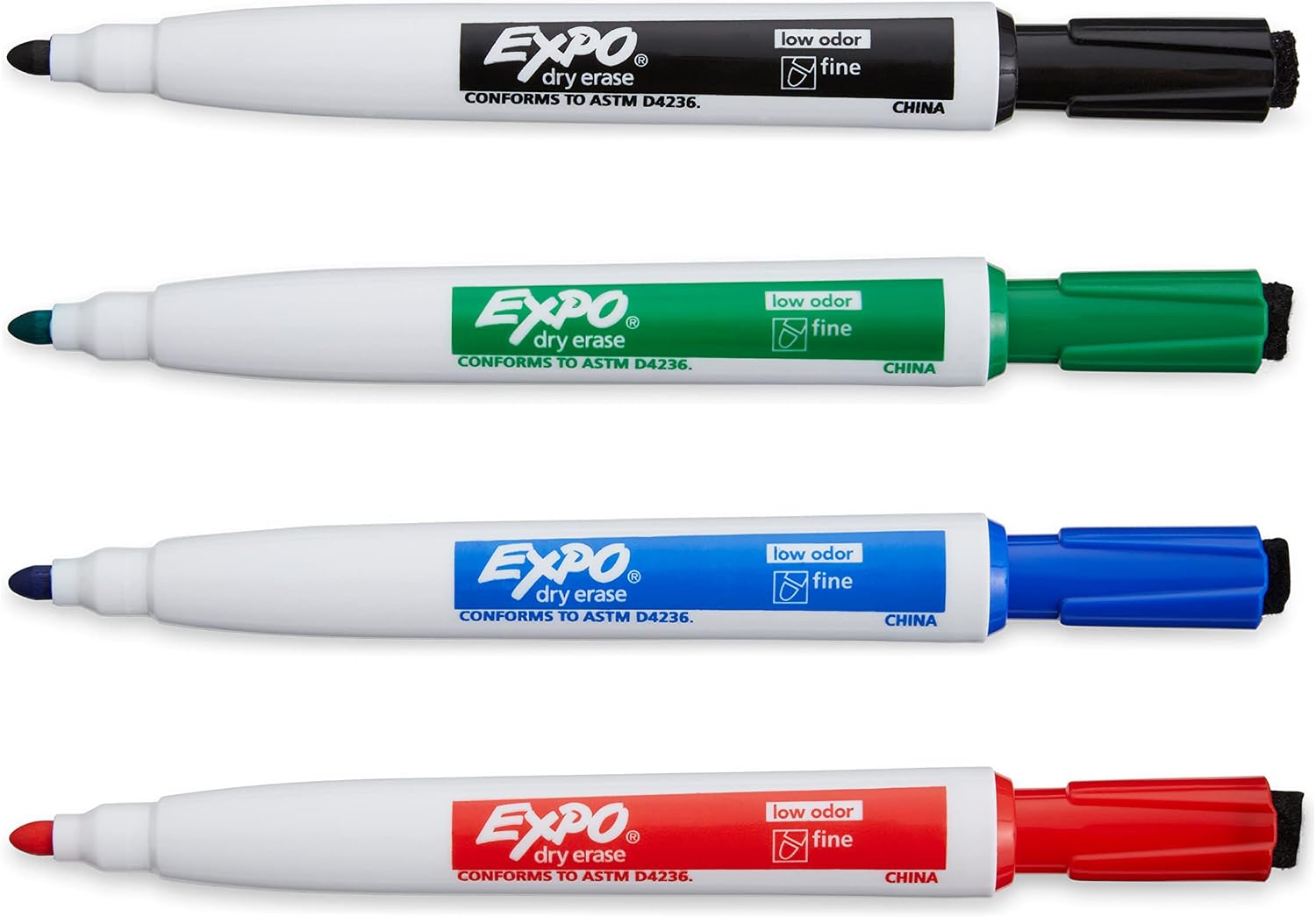 EXPO Magnetic Dry Erase Markers with Eraser, Fine Tip, Low Odor Ink, 4 Count, 4 Assorted Colors: Black, Red, Blue, Green image 3