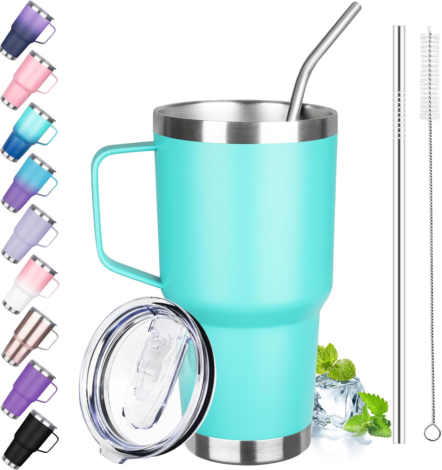 30 oz Stainless Steel Tumbler with Handle, Double Wall Vacuum Insulated Coffee Mug Tumbler with Lid and Straw, Thermal Cup for Cold and Hot (Mint Green)