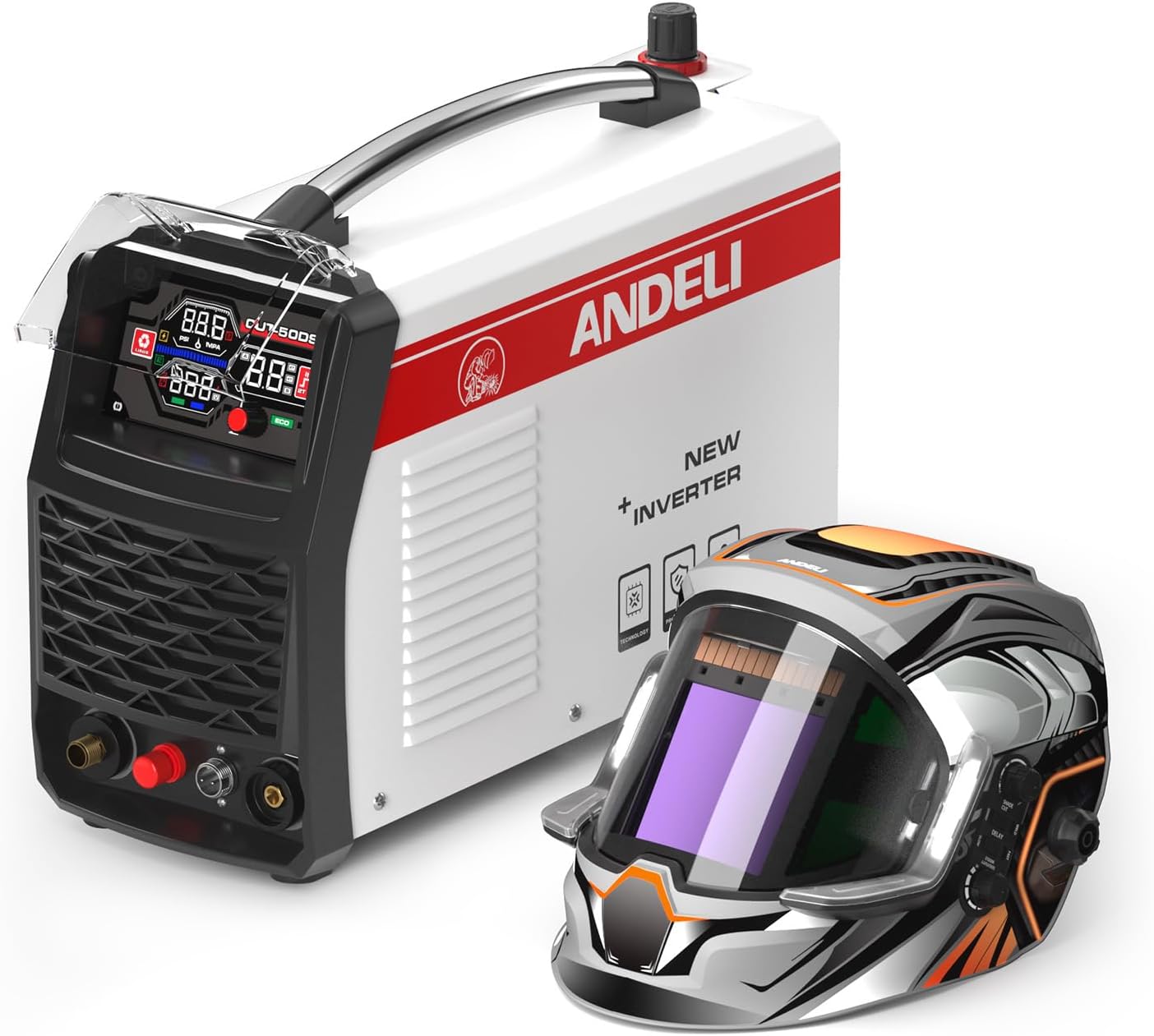 ANDELI Plasma Cutter, 50Amps HF Non-Touch Pilot Arc Air Plasma Cutting Equipment 110/220V Dual Voltage IGBT Inverter Plasma Cutting Machine CUT-50DS with welding helmet