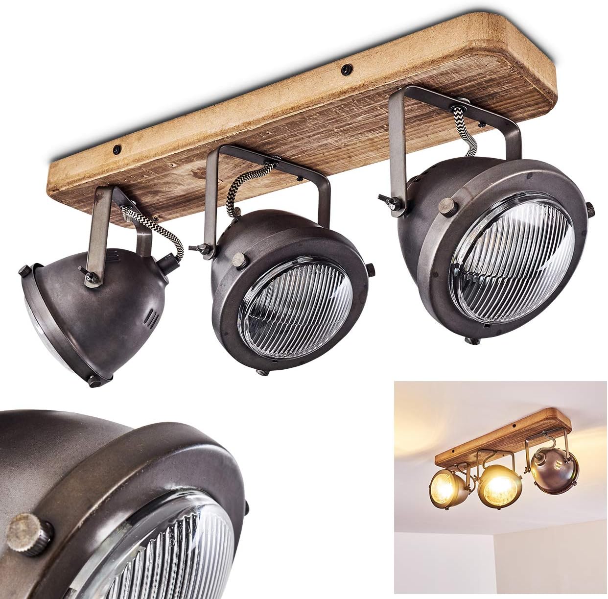 Pehefito Deckenleuchte Im Industrial-Design – 5-flammig, Aus Holz & Metall, Schwenkbar, Ohne Leuchtmittel, GU10-Fassungen