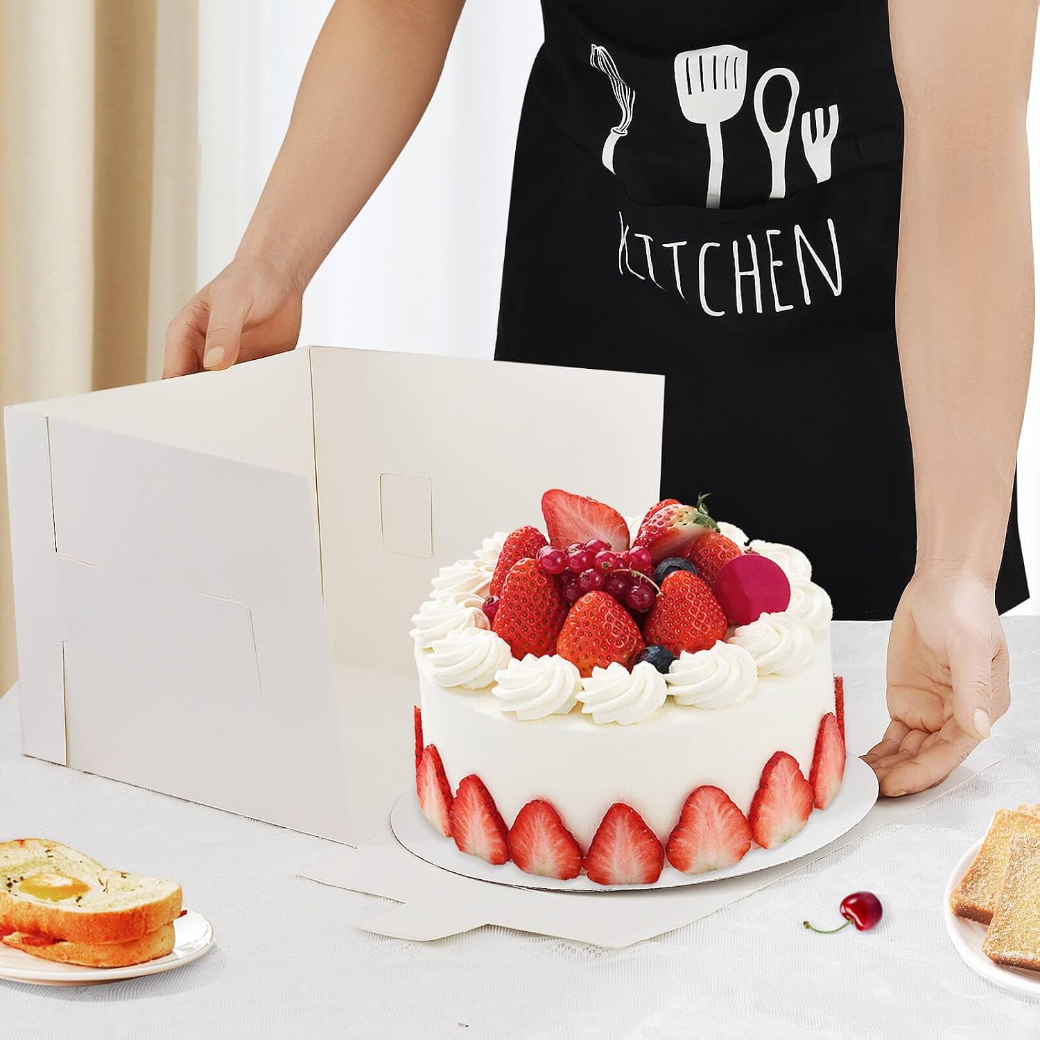 10 Pcs 12x12x10 10x10x8 Cake Boxes Set (5 Boxes & 5 Boards) with Windows Large in 2 Sizes Tall Bakery Boxes Disposable Carrier Take Out Container, Boxes in 2 Tier for Valentine's Day, White