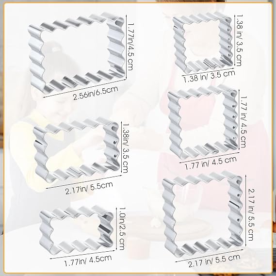 6Pcs Rectangle Cookie Cutter Set with Scalloped Edge Biscuit Cracker Cutters For Baking Fluted Plaque Frame Rectangluar Shapes Fondant Molds Geometric Square Wavy Pastry Molds Assorted Sizes