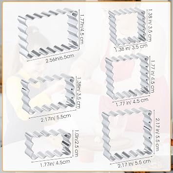 6Pcs Rectangle Cookie Cutter Set with Scalloped Edge Biscuit Cracker Cutters For Baking Fluted Plaque Frame Rectangluar Shapes Fondant Molds Geometric Square Wavy Pastry Molds Assorted Sizes