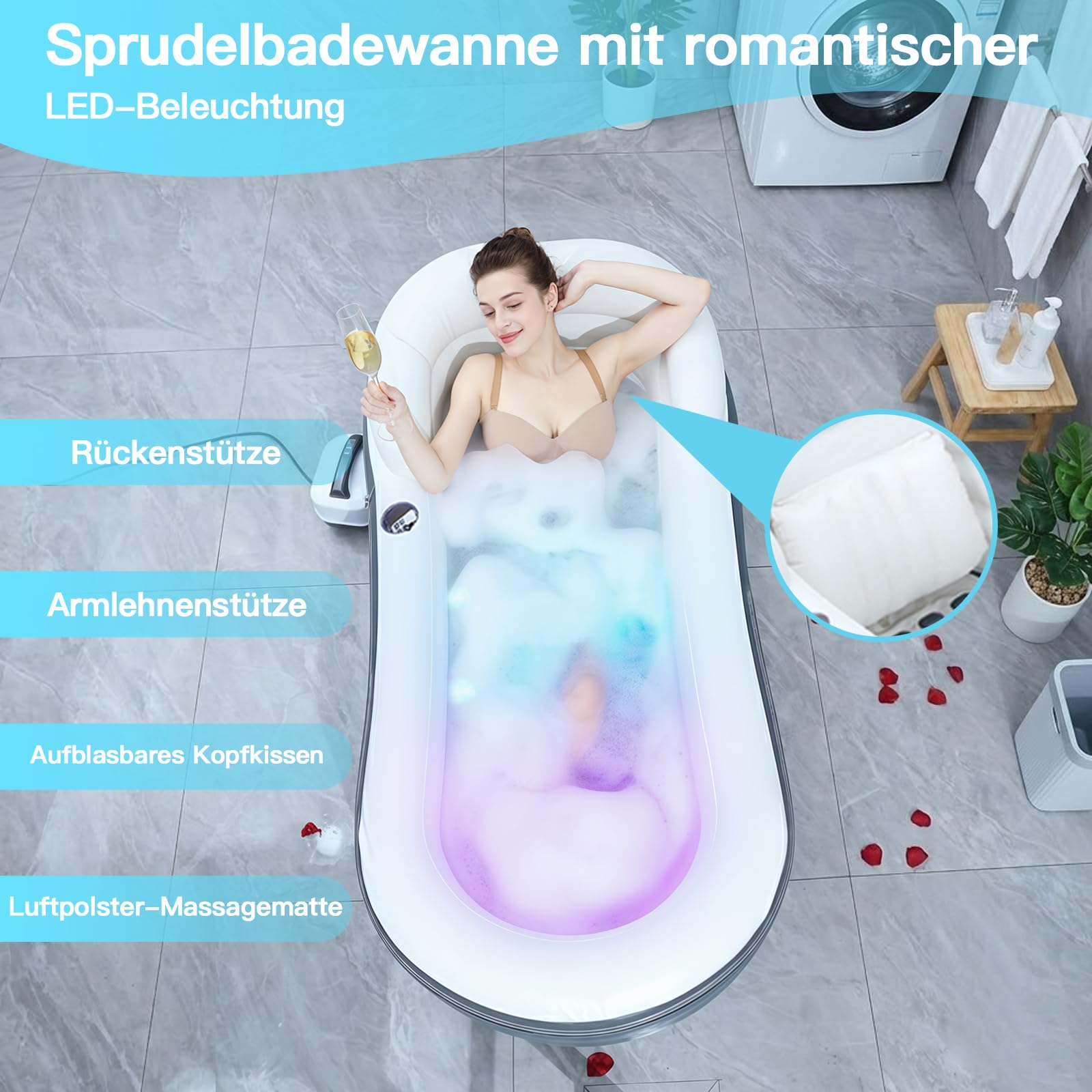 Vasca da bagno gonfiabile per adulti con materassino a bolle d'aria, vasca idromassaggio portatile con romantiche luci LED, dotata di cuscino, schienale e braccioli (pompa inclusa)