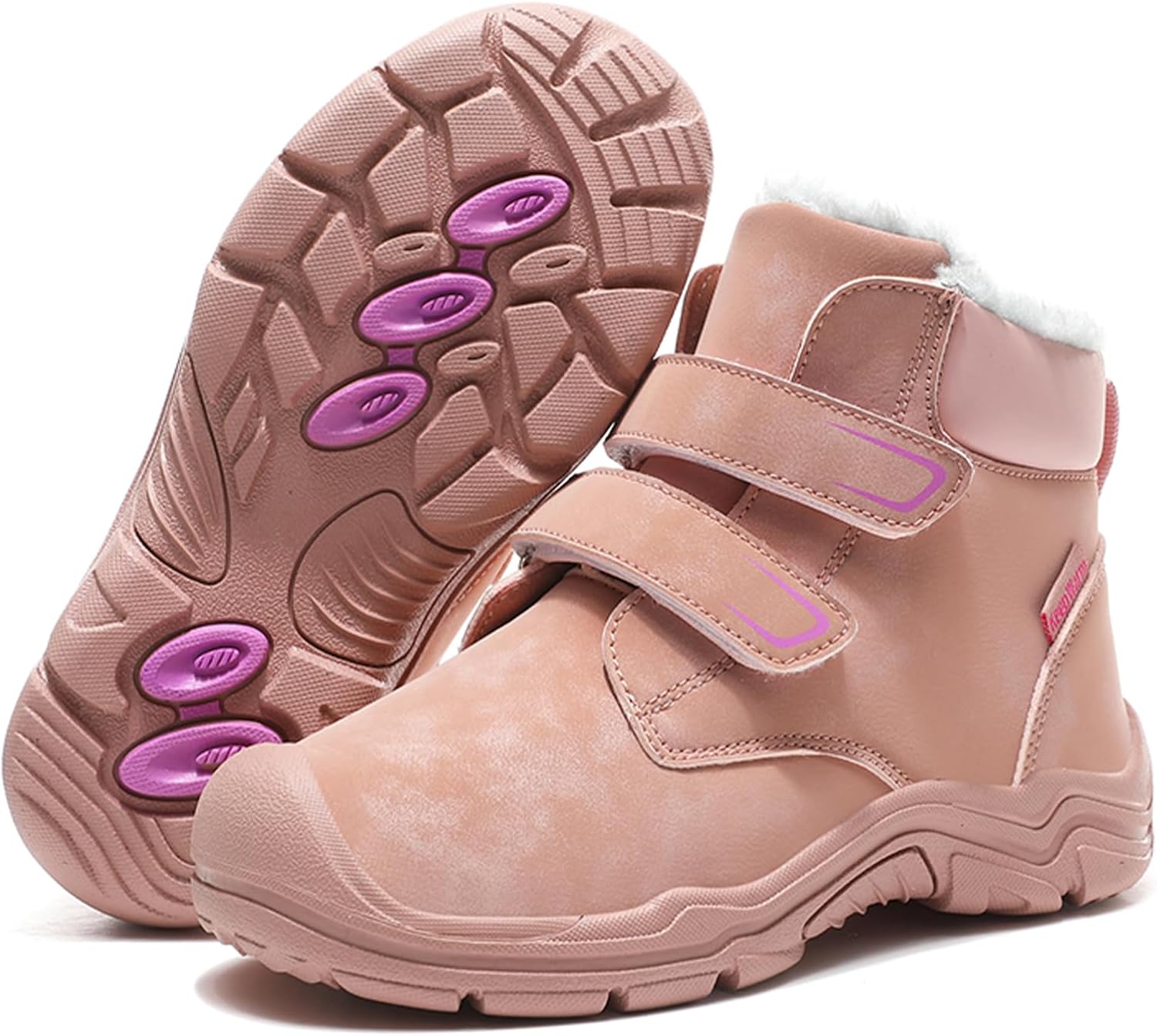 Lossarye Boys Girls Winter Warm Outdoor Hiking Boots Comfortable Fur Lined Anti-Collision Water-Resistant Non-Slip Walking Snow Boots with Hook and Loop