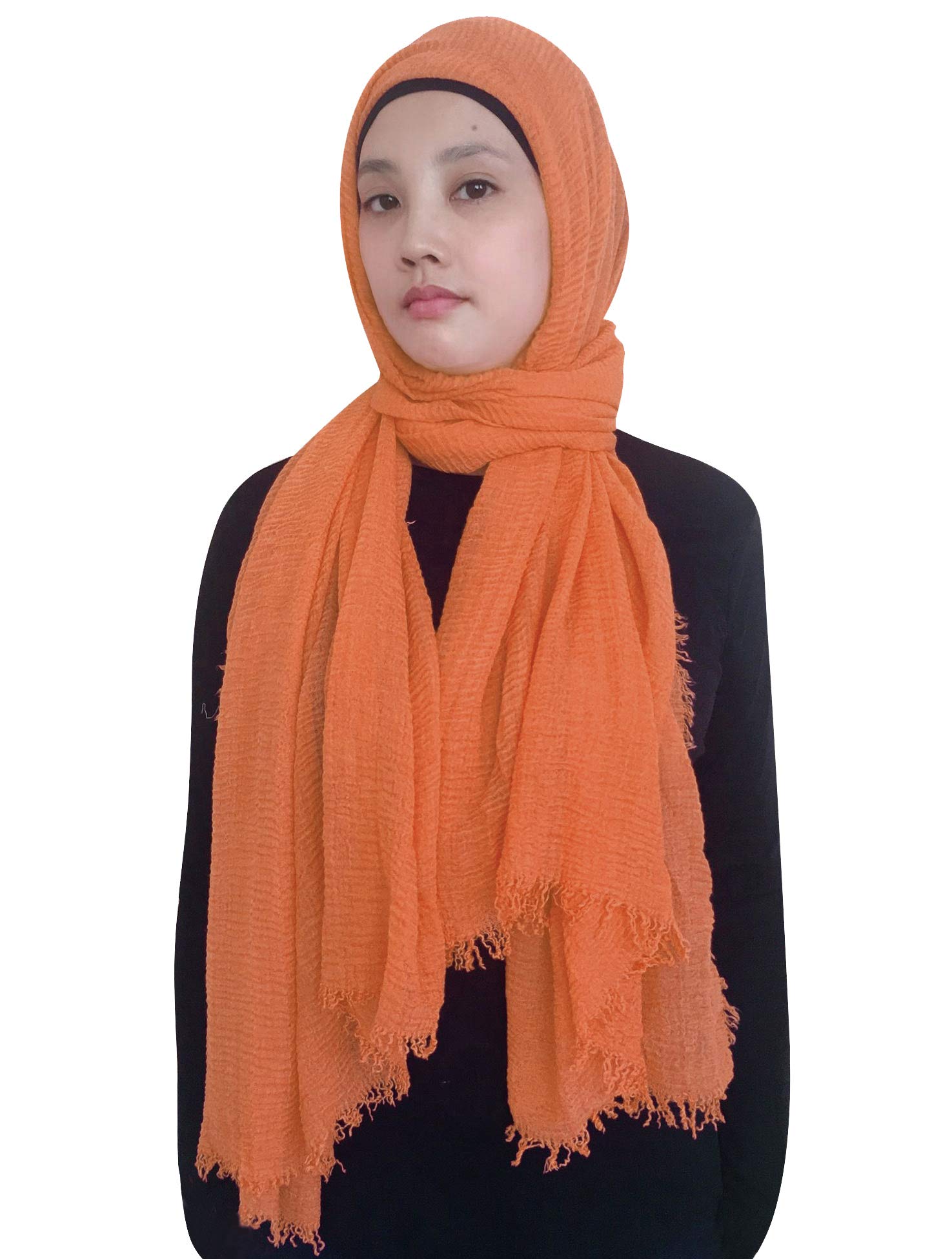 Lina & Lily Plain Colour Crepe Crinkled Scarf Hijab with Frayed Edges (Orange)