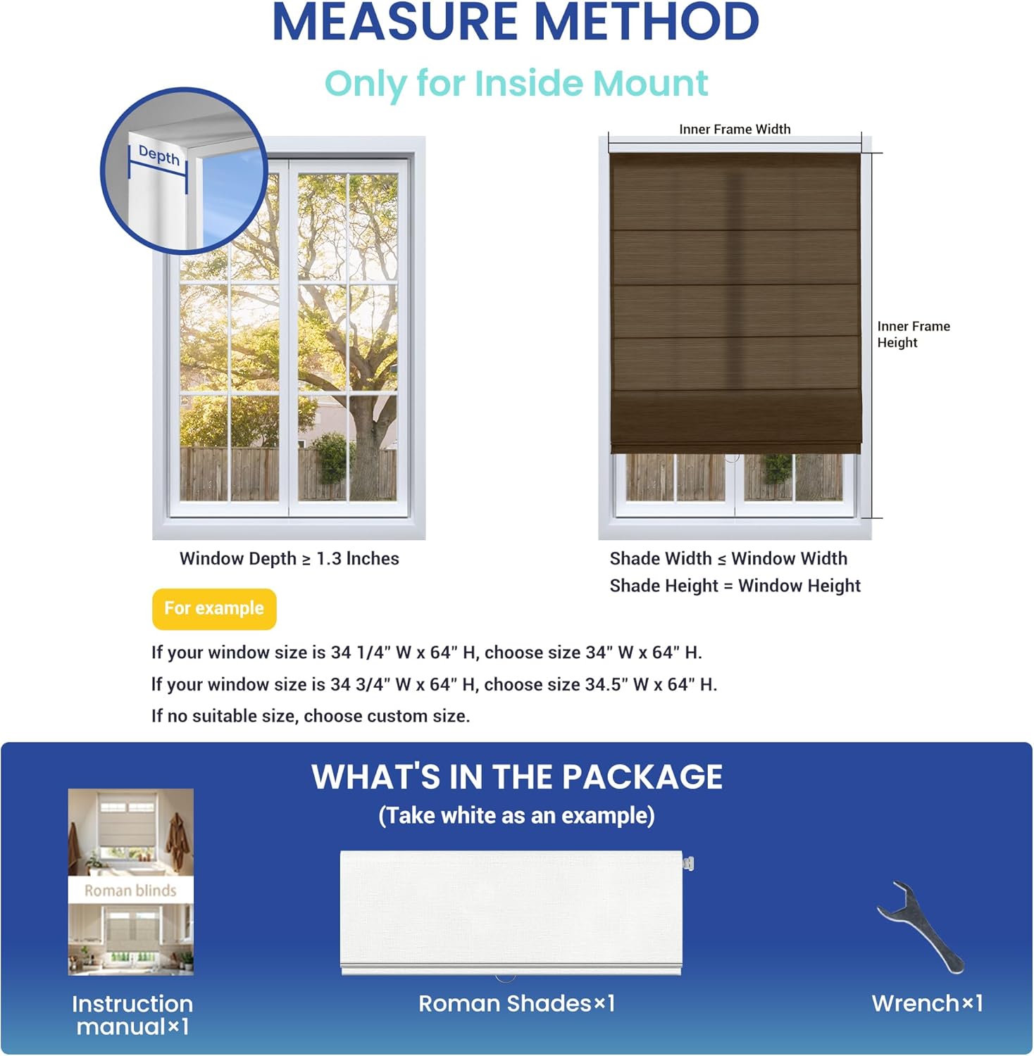 No Drill Roman Shades for Windows, Blackout Cordless Roman Blinds, Bamboo-Patterned Fabric, No Tools Easy Install, No Fray for Living Room, Bathroom, Bedroom, Bluish Gray, 59" W x 56" H