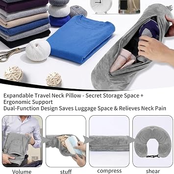 Stuffable Neck Pillow for Travel, 80 * 18.5cm Adjustable Travel Neck Pillows, Ultra-Soft Washable Pillow with Storage Bag, Fillable with Clothes for Plane, Train & Car Essentials (Grey)