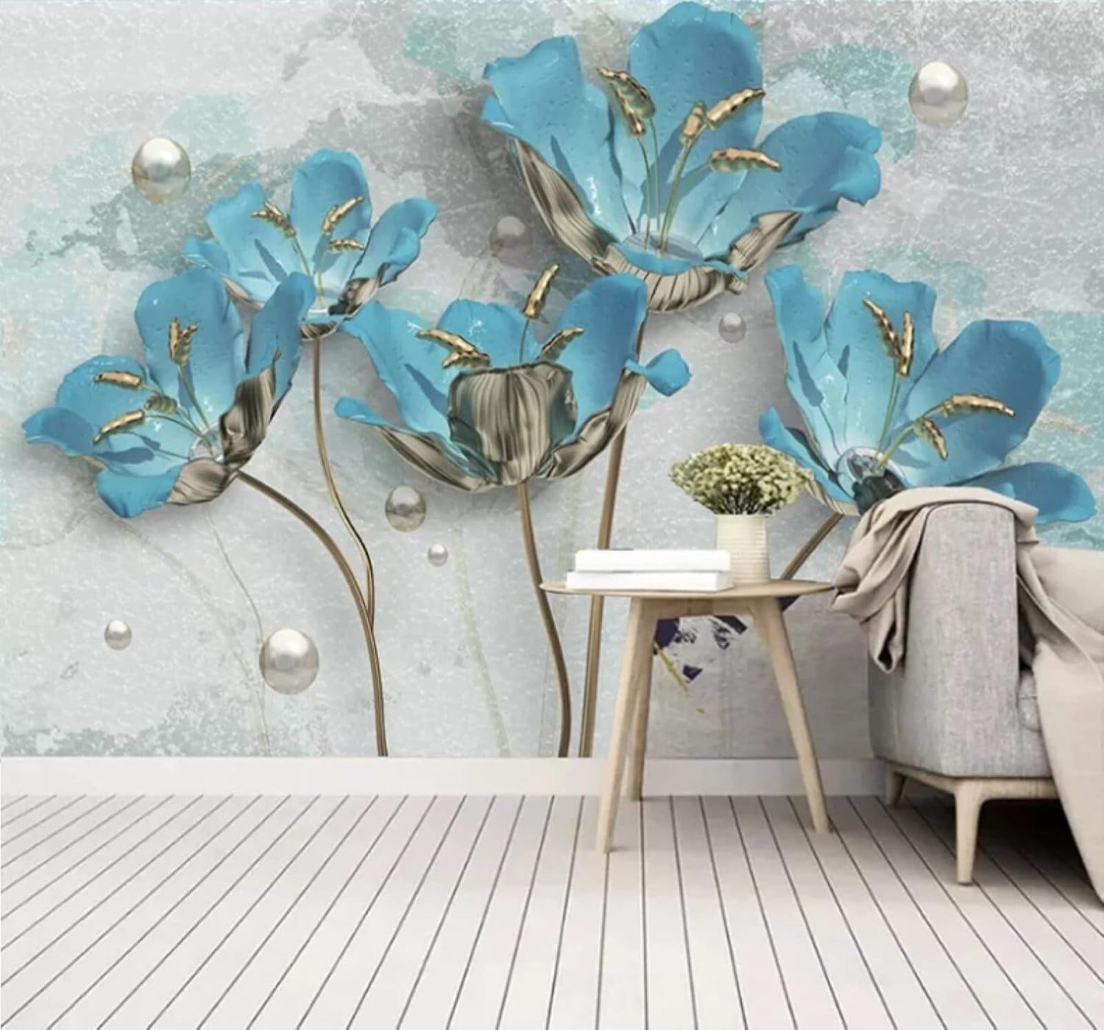 XLMING Relief Fresh Three Dimensional Blue Flowers 3D Wallpaper Luxury Silk Study Dining Feature Sofa Grey Bedroom Living Room Tv Decorative Wall-300cm×210cm