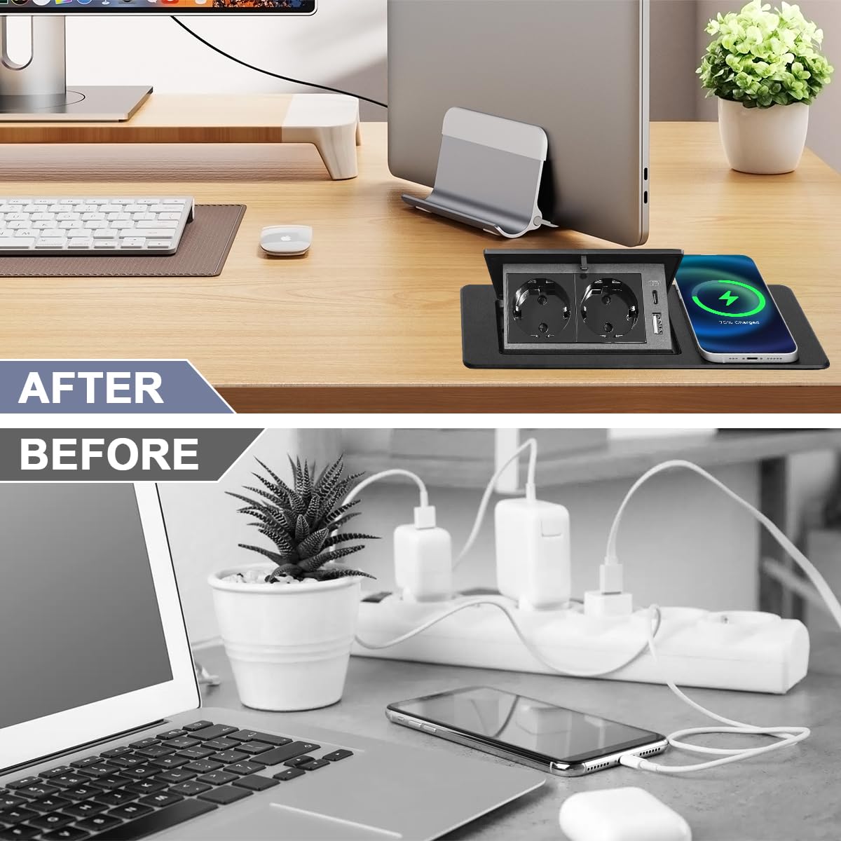 Presa Retrattile, Multipresa da Scrivania | Ciabatta multipresa nascosta, 1 USB A+ 1 USB C, con ricarica rapida wireless da 15 W, ideale per casa e/o ufficio