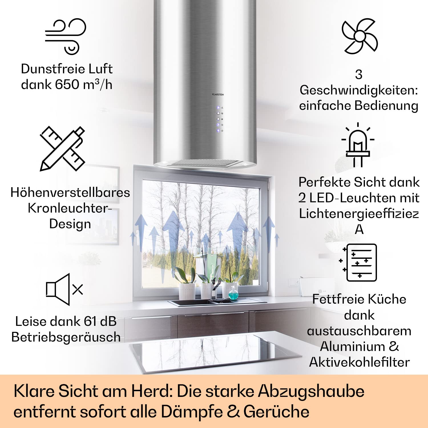 Klarstein Insel-Dunstabzugshaube 650m³/h Abluft/Umluft mit 3 Stufen Timer Aktivkohle-Filter Grau