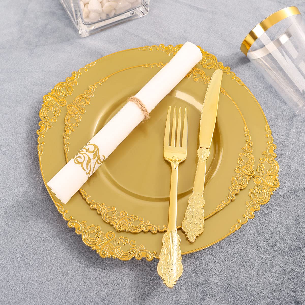 Morejoy 175PCS Solid Gold Plastic Plates with Gold Rim Disposable