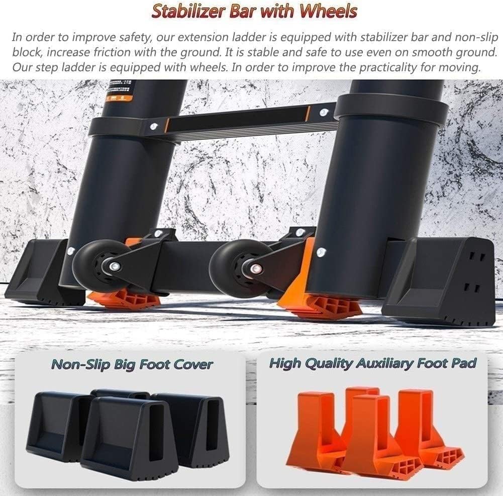 OKUOKA Mighty Stair Telescoping Ladder with Wheels - Multi-Position Aluminum Folding A-Frame Telescopic Extension Ladders, Black (Size : 3.7m+3.7m/12ft+12ft)