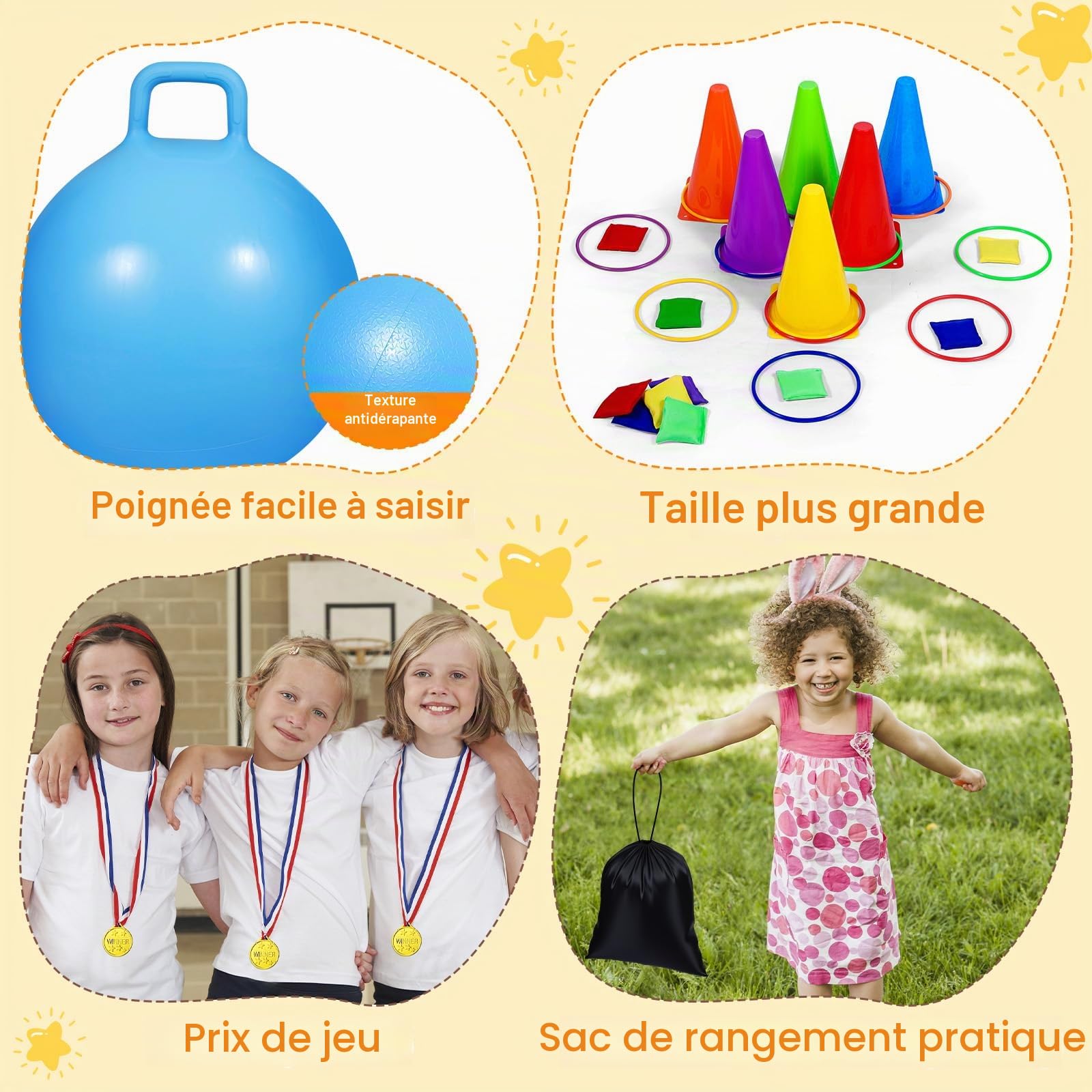 CWLAKON Jeu de Kermesse Extérieur 53 Pièces avec 5 Activités, Balles Sauteuses, Course à l‘Œuf, Lancer d‘Anneaux pour Anniversaire, Fête de Jardin et Rassemblements Familiaux