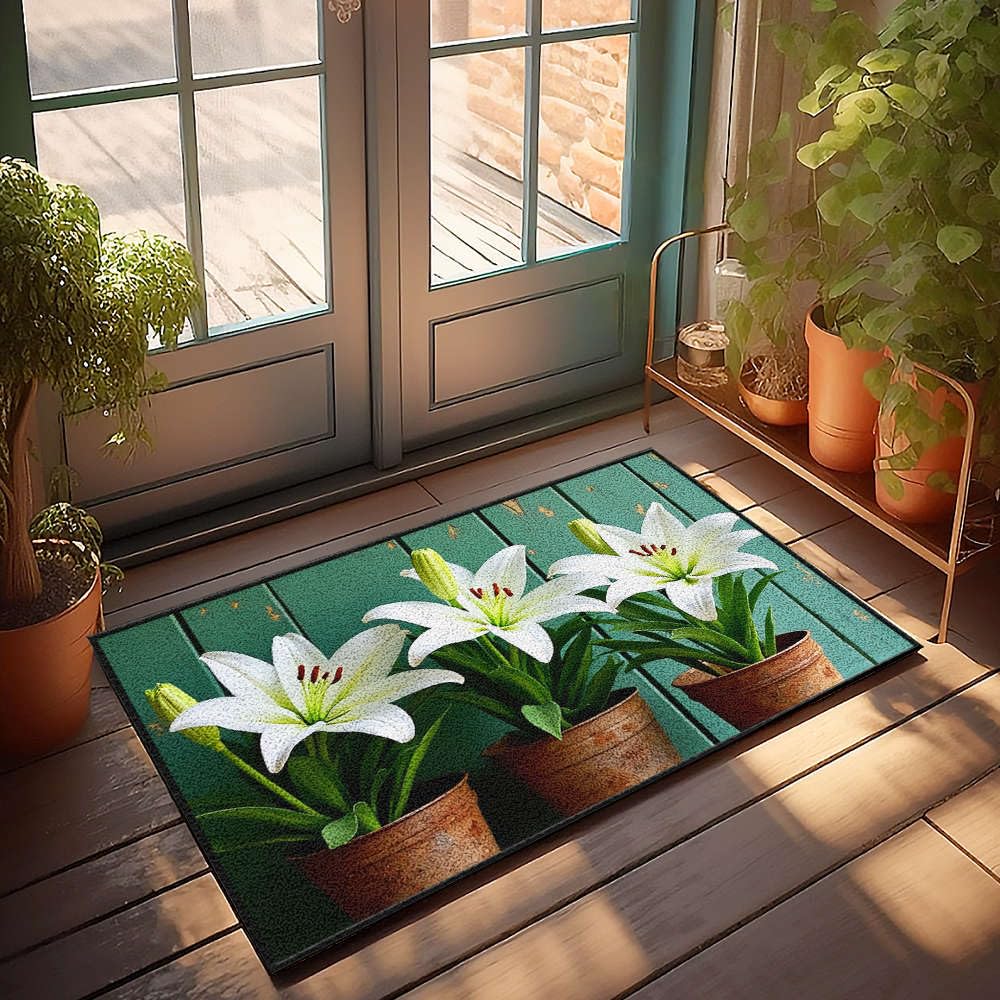 Paillasson d'extérieur 65x90 cm avec trois lys blancs en pots